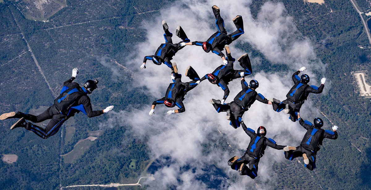 nine Wings of Blue skydivers in formation