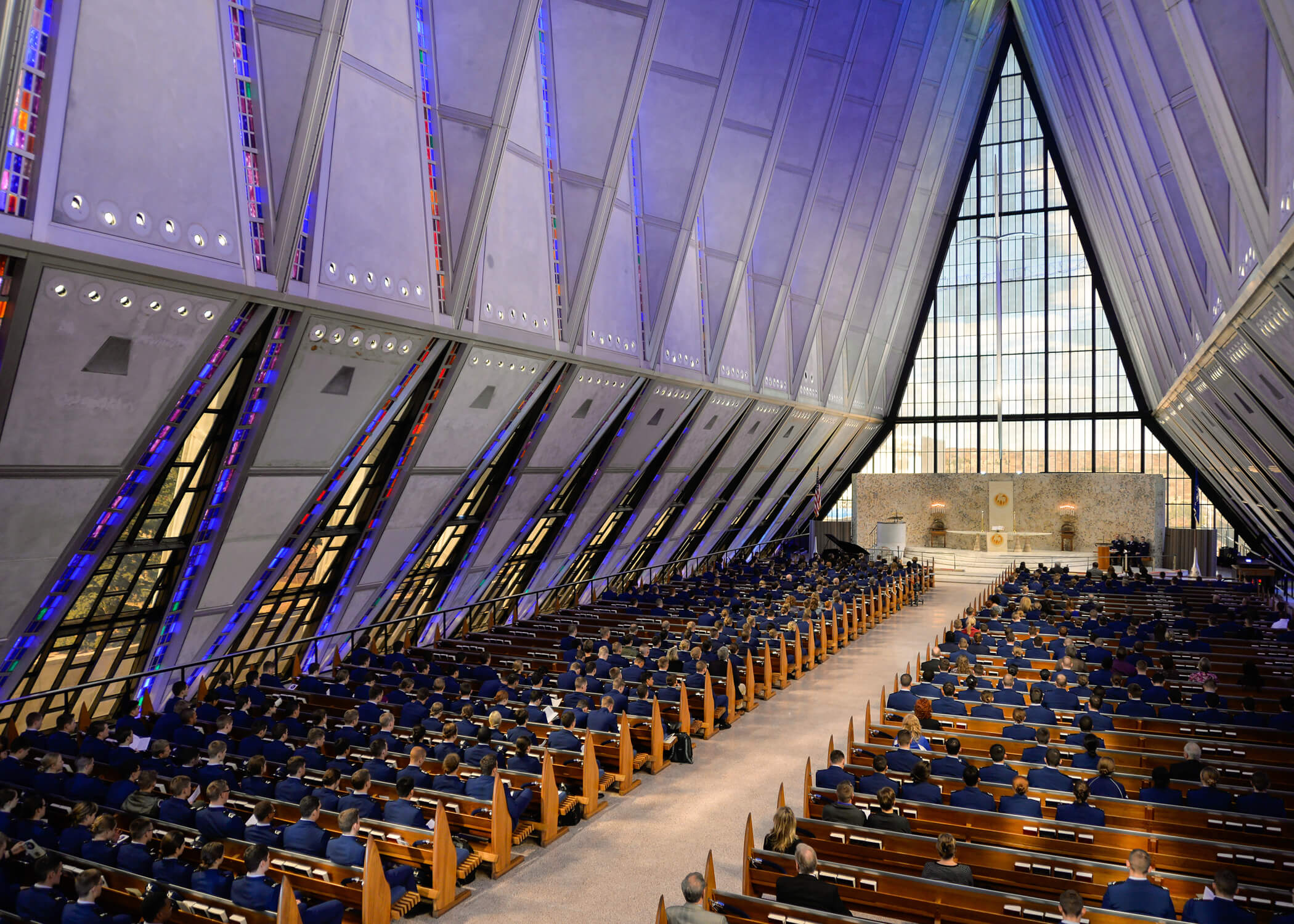 Image of a cadet chapel service at the U.S. Air Force Academy.