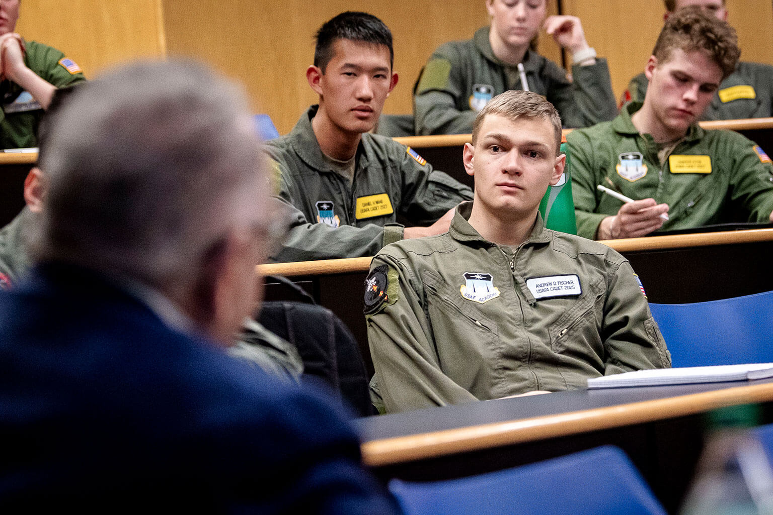 Cadet 2nd Class Andrew Fischer listens to Dr. Donald Miller during a lecture at the U.S. Air Force Academy.