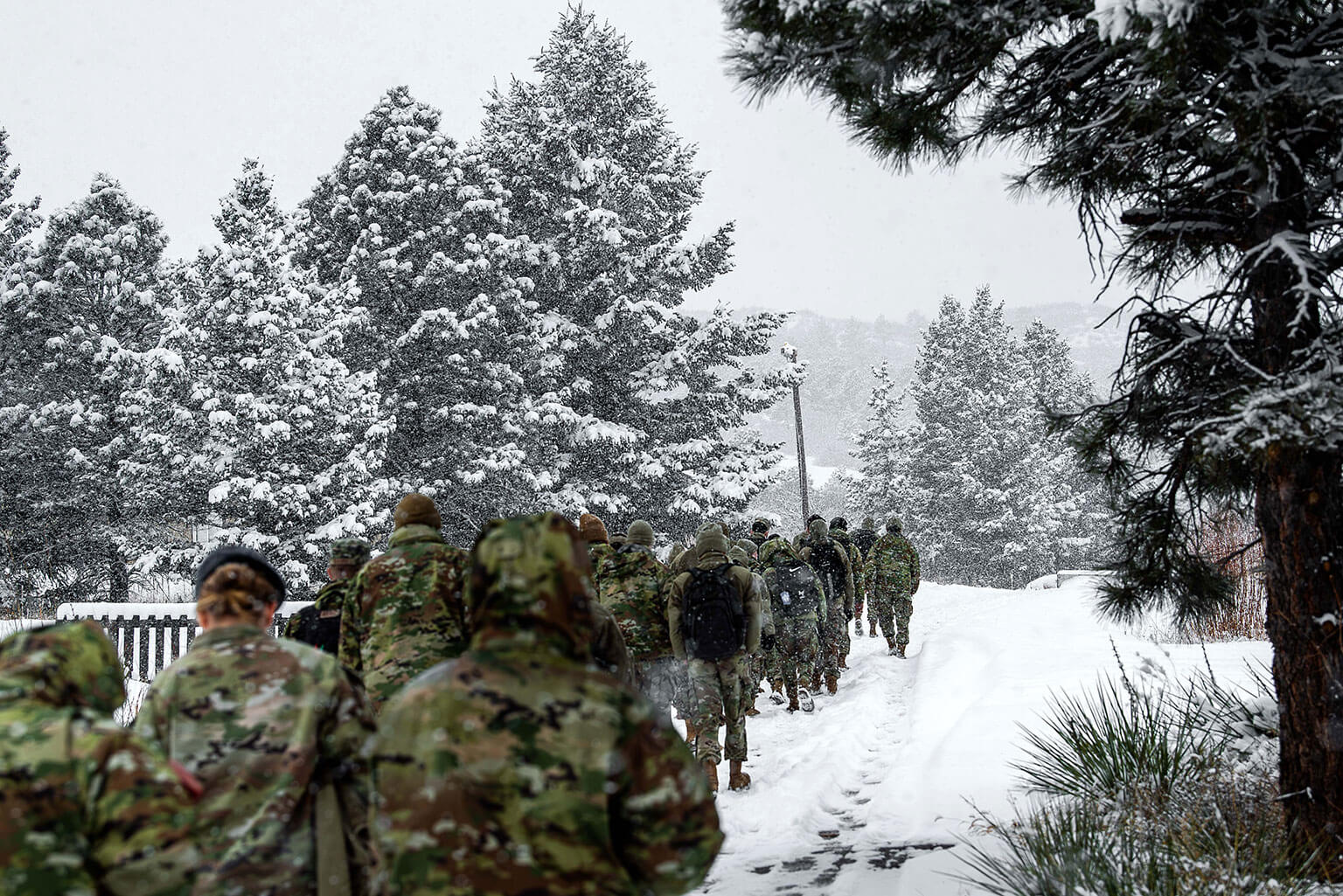 U.S. Air Force Academy first-class cadets march to Jacks Valley for field training during the second day of the Firstie Flag exercise.