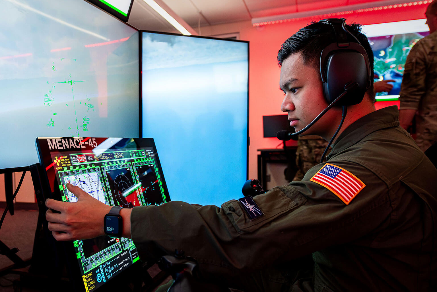 U.S. Air Force Academy senior cadet flies a mission during the Firstie Flag exercise in the Multi-Domain Laboratory.