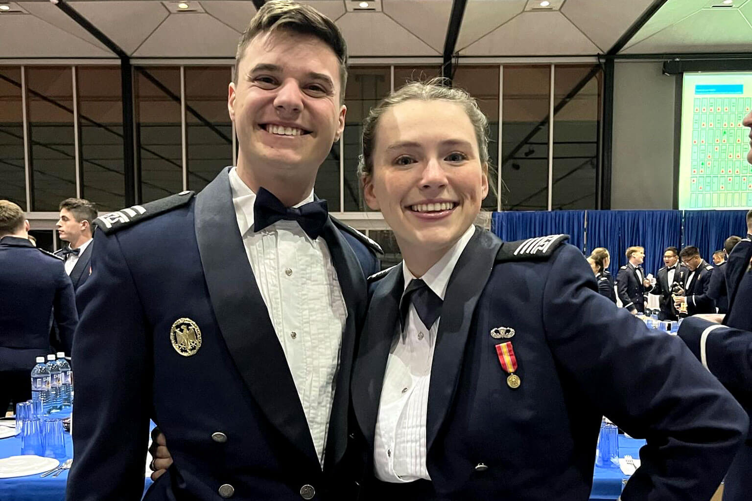 U.S. Air Force Academy Cadet 1st Class Helen Works poses with Cadet 1st Class Christian Posner, at the 100s Night Dining-in at Mitchell Hall.
