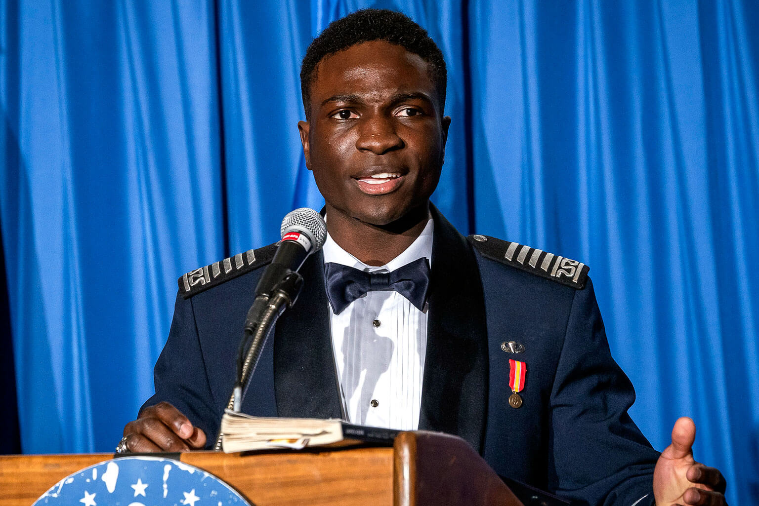 U.S. Air Force Academy Cadet 1st Class Adedapo Adeboyejo, Class of 2024 Class President, at the 100s Night Dining-in at Mitchell Hall.