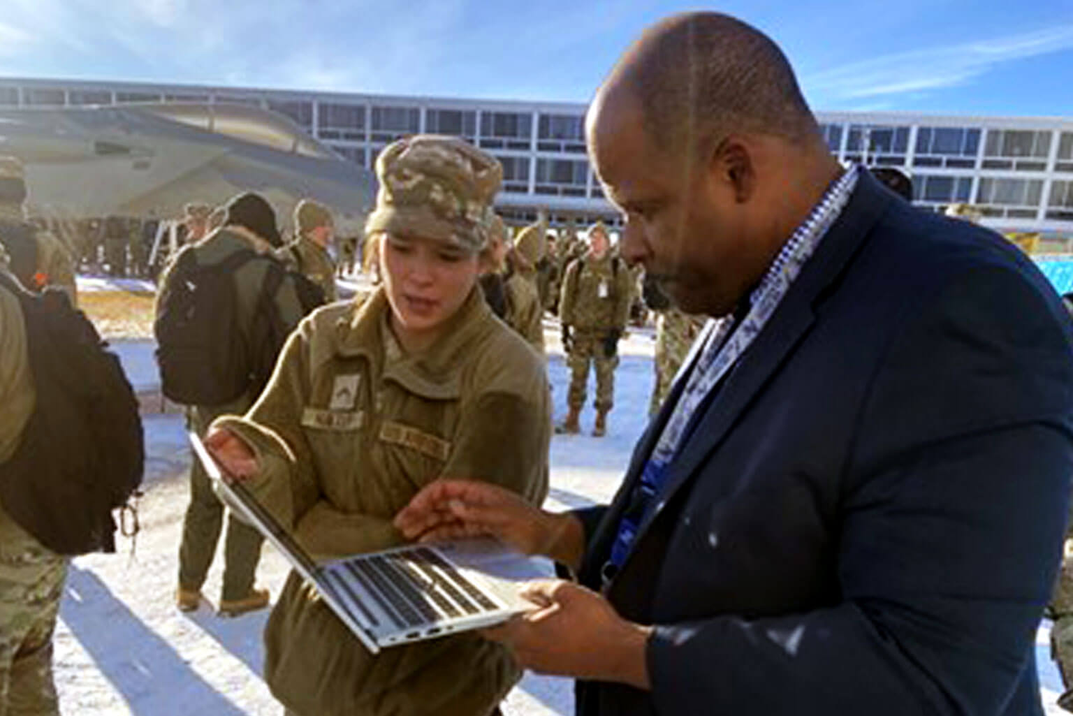 Dr. Eric Tucker, U.S. Air Force Academy associate professor of management, continues teaching after a fire alarm interrupted his class.