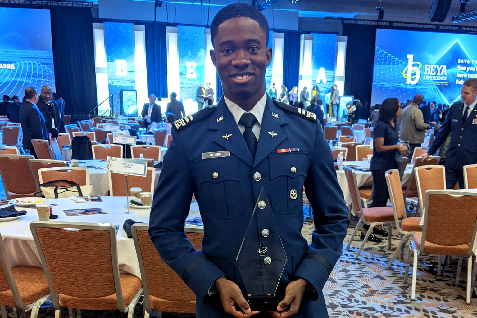 Cadet 1st Class Jabari Bowen poses with his award at the Black Engineer of the Year Award ceremony.