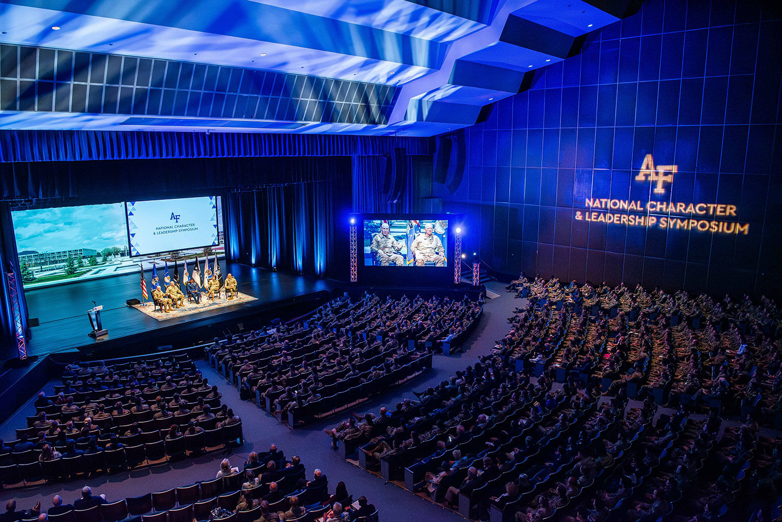 U.S. Air Force and Space Force senior leaders speak to a packed house at the U.S. Air Force Academy’s 31st National Character and Leadership Symposium.