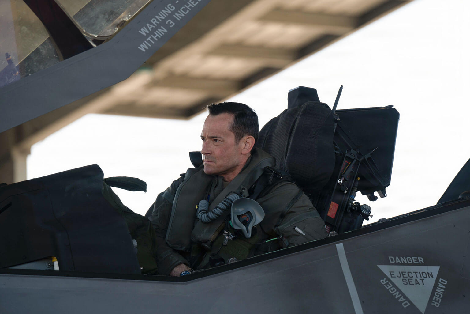 Maj. Gen. Paul D. Moga, Third Air Force commander, conducts pre-flight checks in an F-35A Lightning II aircraft during his final flight at RAF Lakenheath, England, May 1, 2026. Moga has accumulated over 2,600 flight hours in six different fighter aircraft during his career. (U.S. Air Force photo by Senior Airman Sierra Casteel)