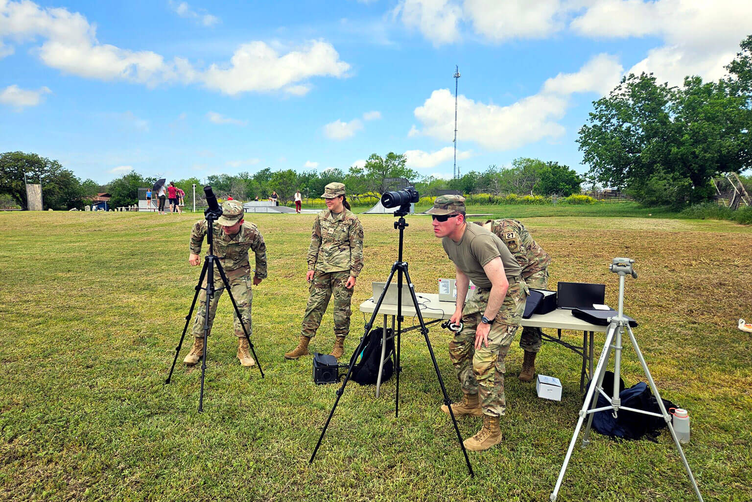 U.S. Air Force Academy Physics and Astronomy Club members prepare to view the total solar eclipse in Texas.