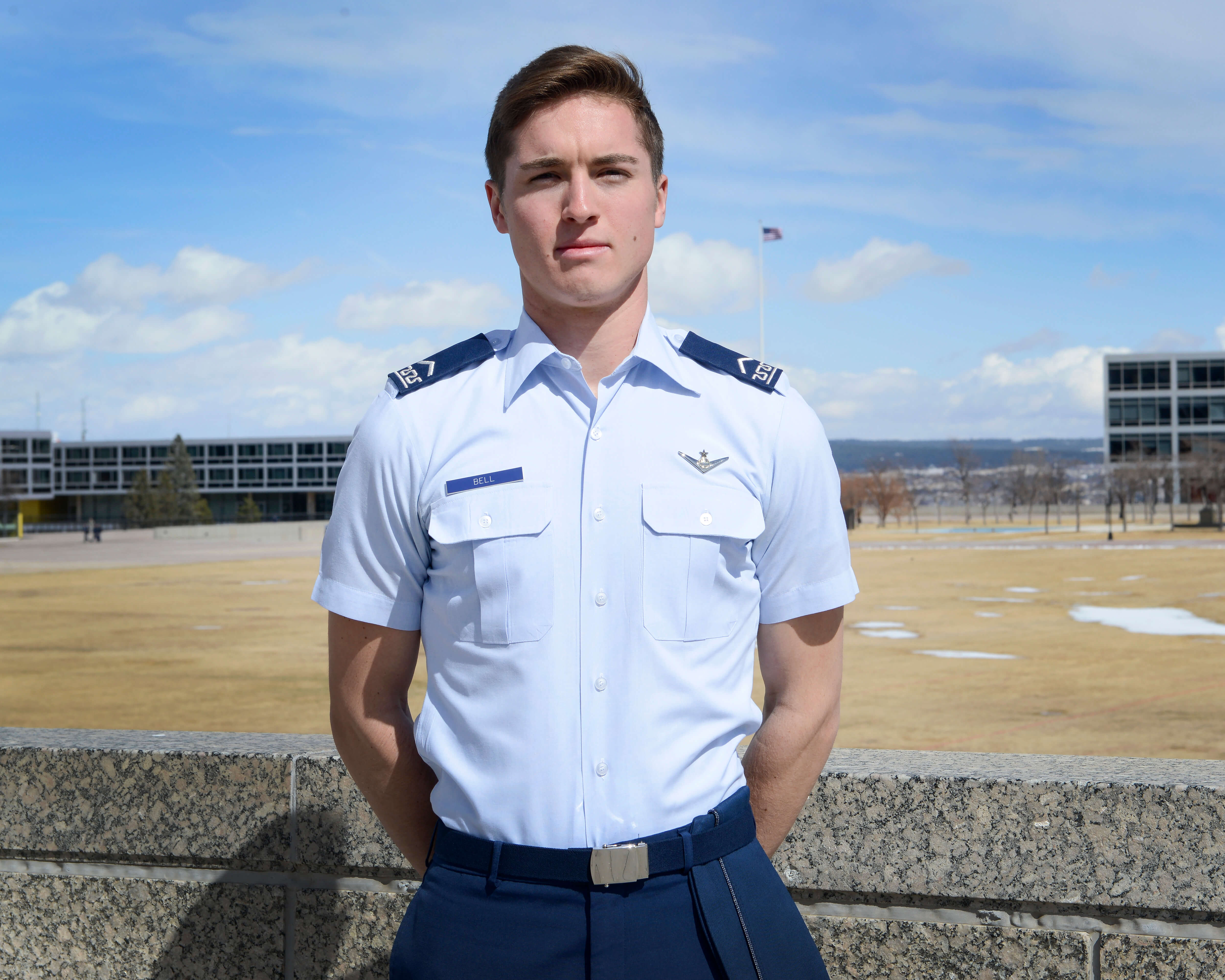 cadet in front of terrazzo
