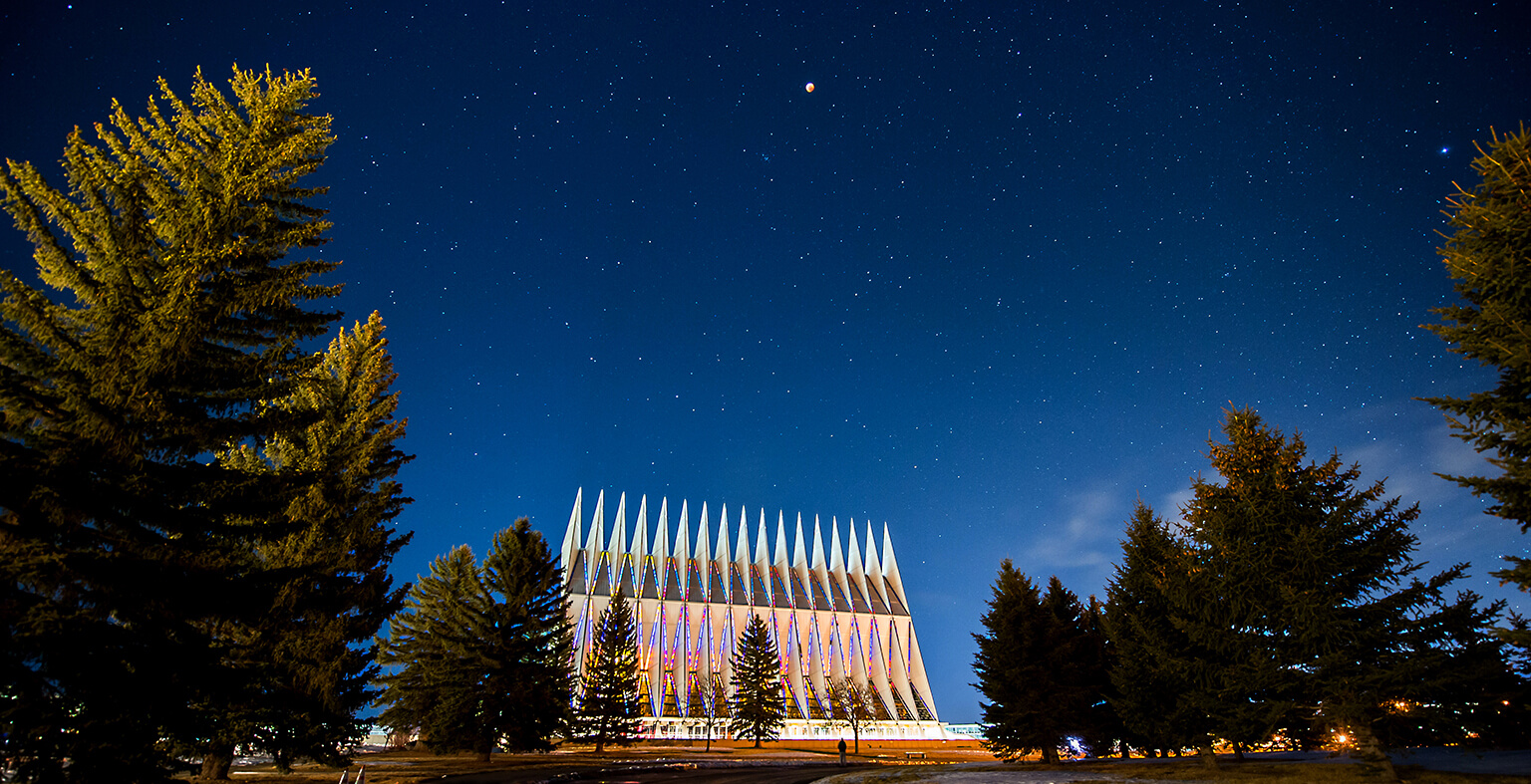 Cadet Chapel with starry night sky