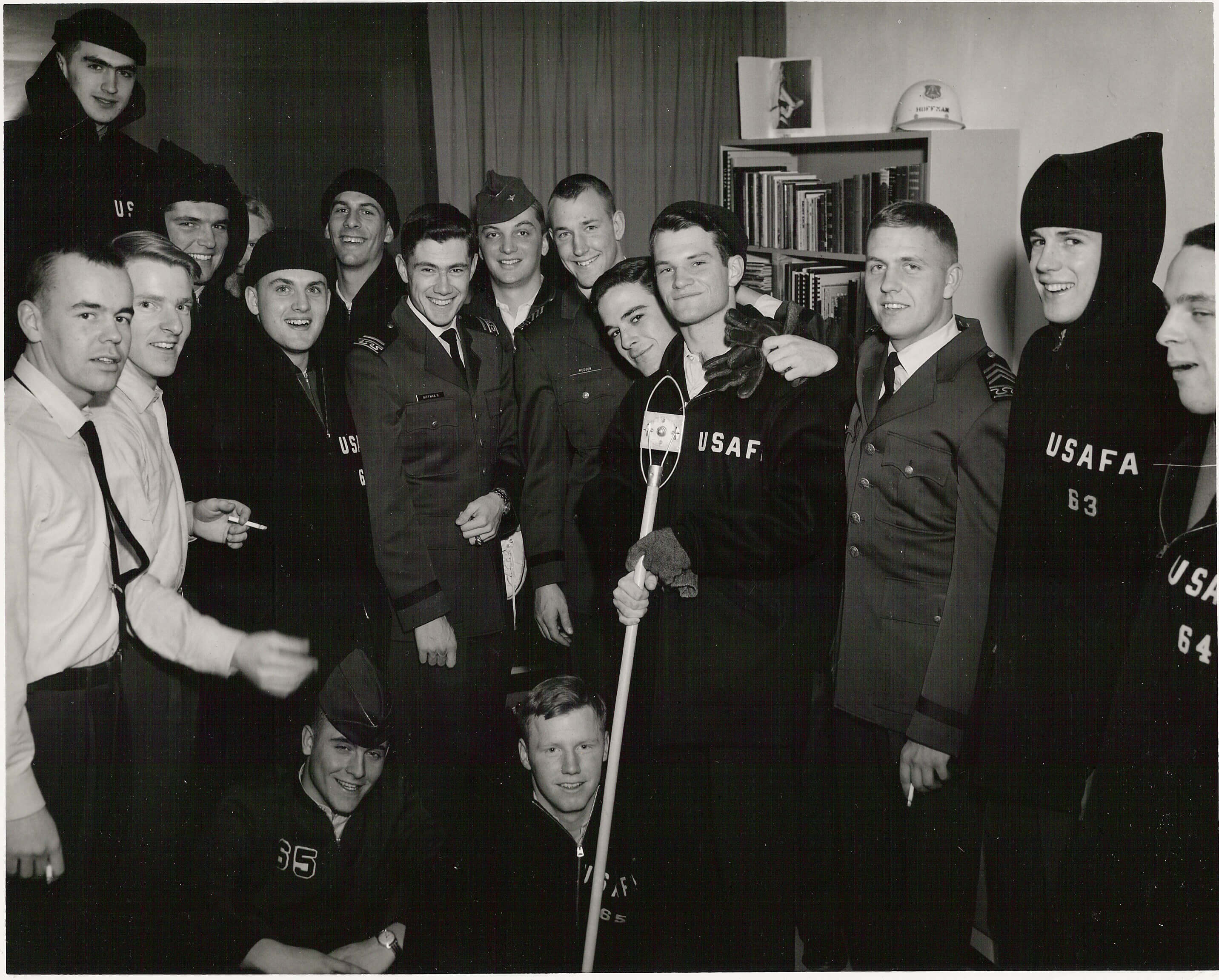 Hank Hoffman (eighth from left) poses for a photo in his Vandenberg Hall dorm room with other cadets in 1963