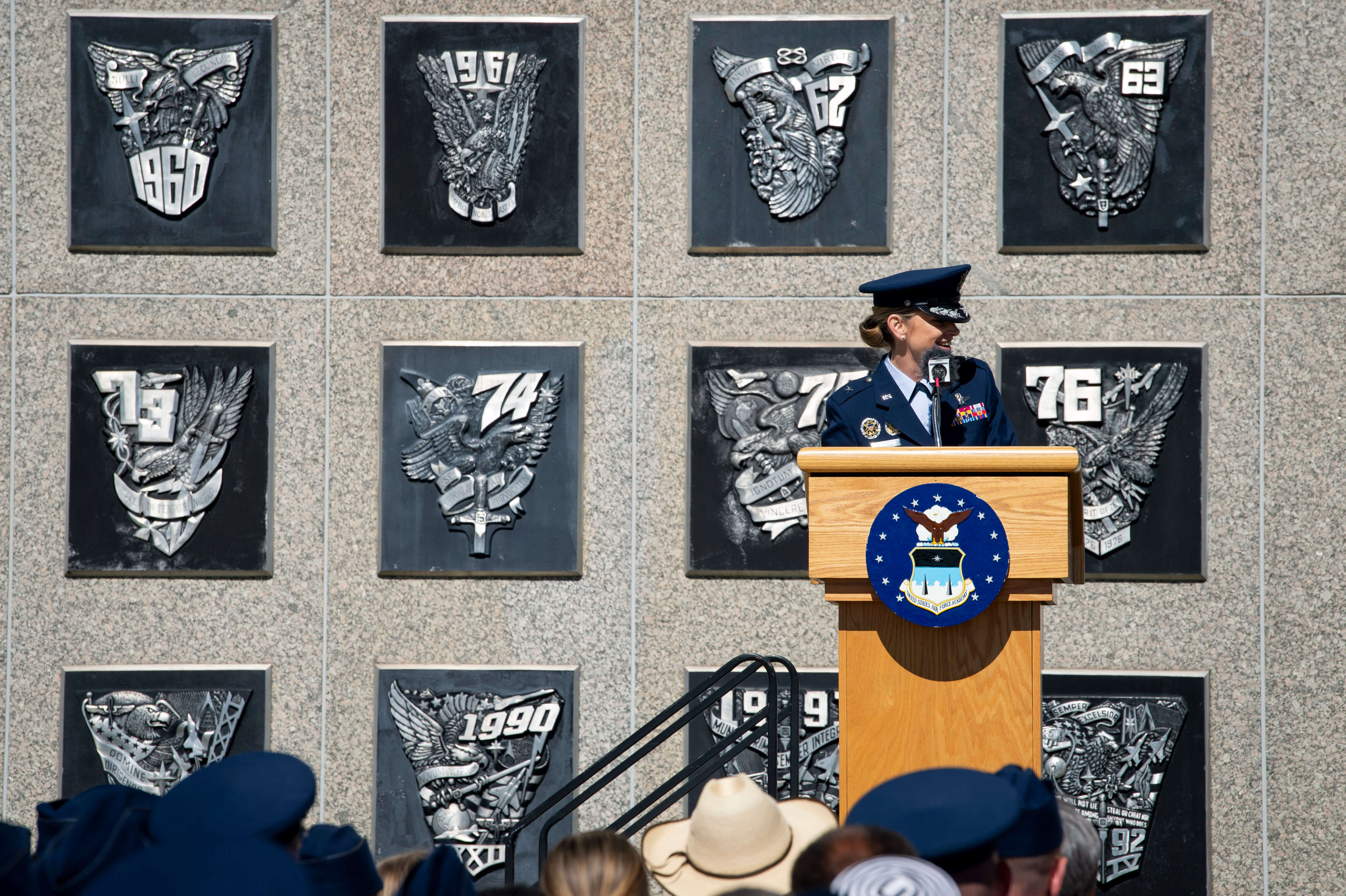 Brig. Gen. Michele Edmondson, the Air Force Academy's commandant of cadets, speaks to a crowd of friends, family, and service members