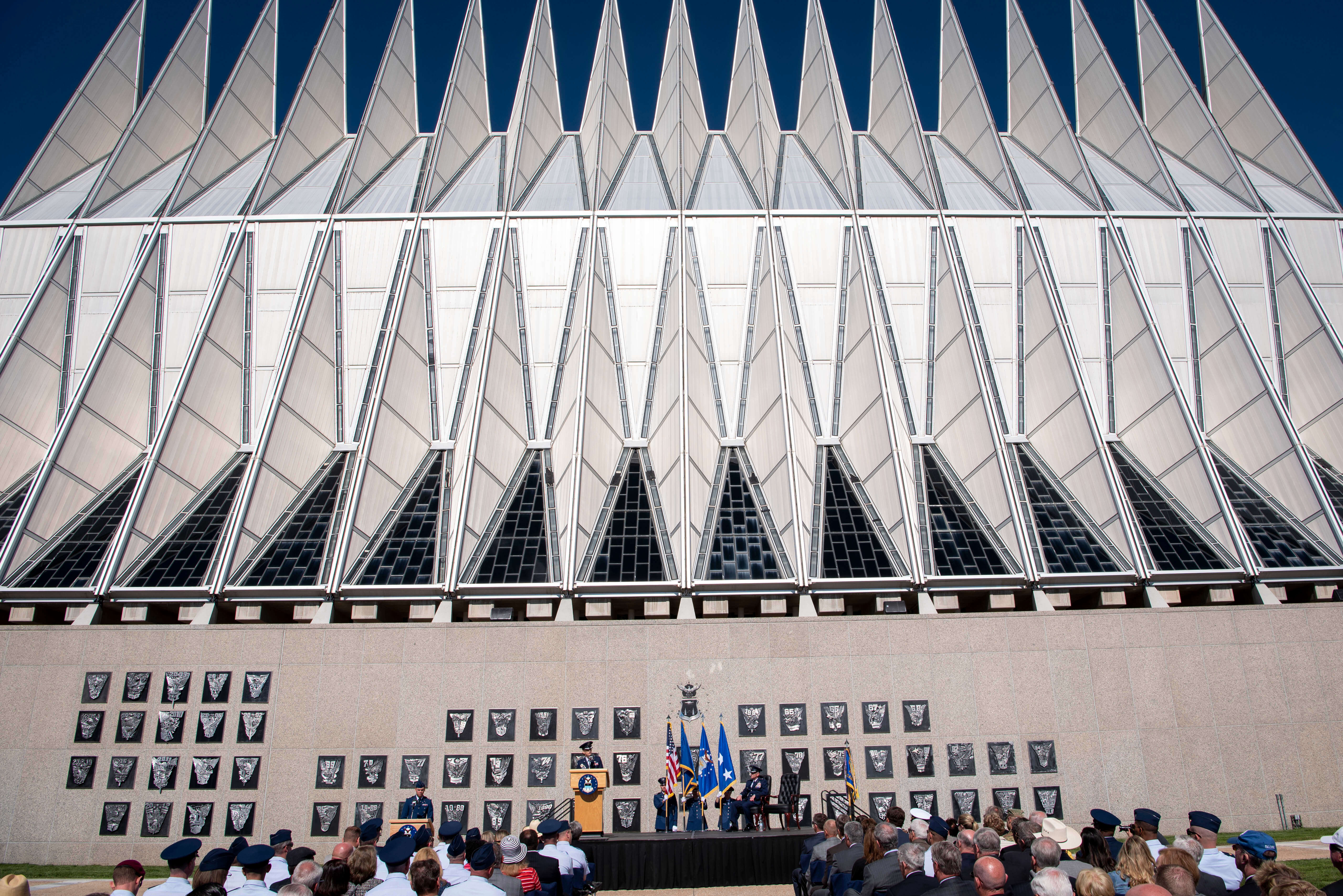 A crowd gathers on the Terrazzo at the U.S. Air Force Academy to watch Brig. Gen. Michele Edmondson become the Academy's 29th commandant of cadets