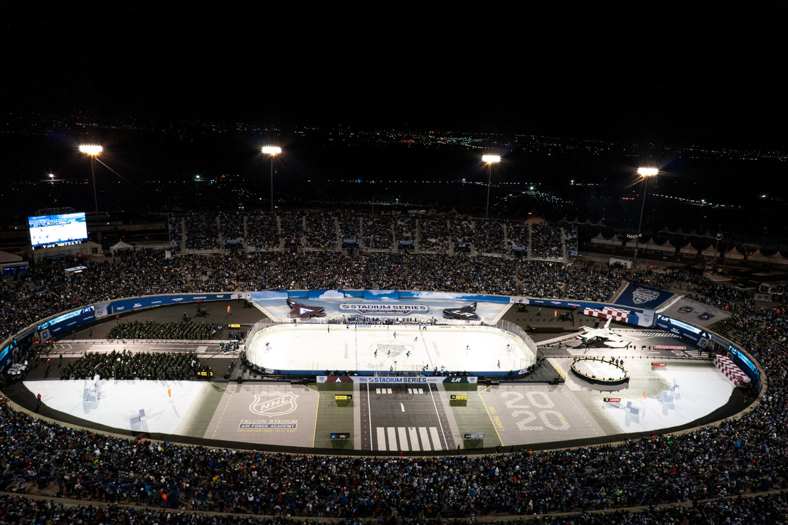 Aerial View of NHL Stadium Series hockey game at US Air Force Academy