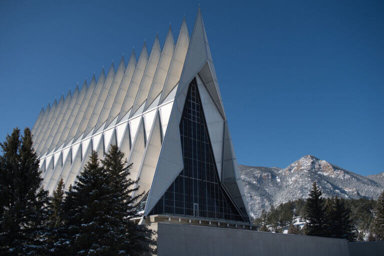 The United States Air Force Academy Chapel was built in 1962 in the modern architectural style and continues to be the distinguishing feature of the United States Air Force Academy, Colorado, Feb. 20, 2020. A four year collegiate institution, USAFA is home to nearly 4,000 Air Force Cadets. (U.S. Air Force photo by Staff Sgt. DaQuan Hurt)