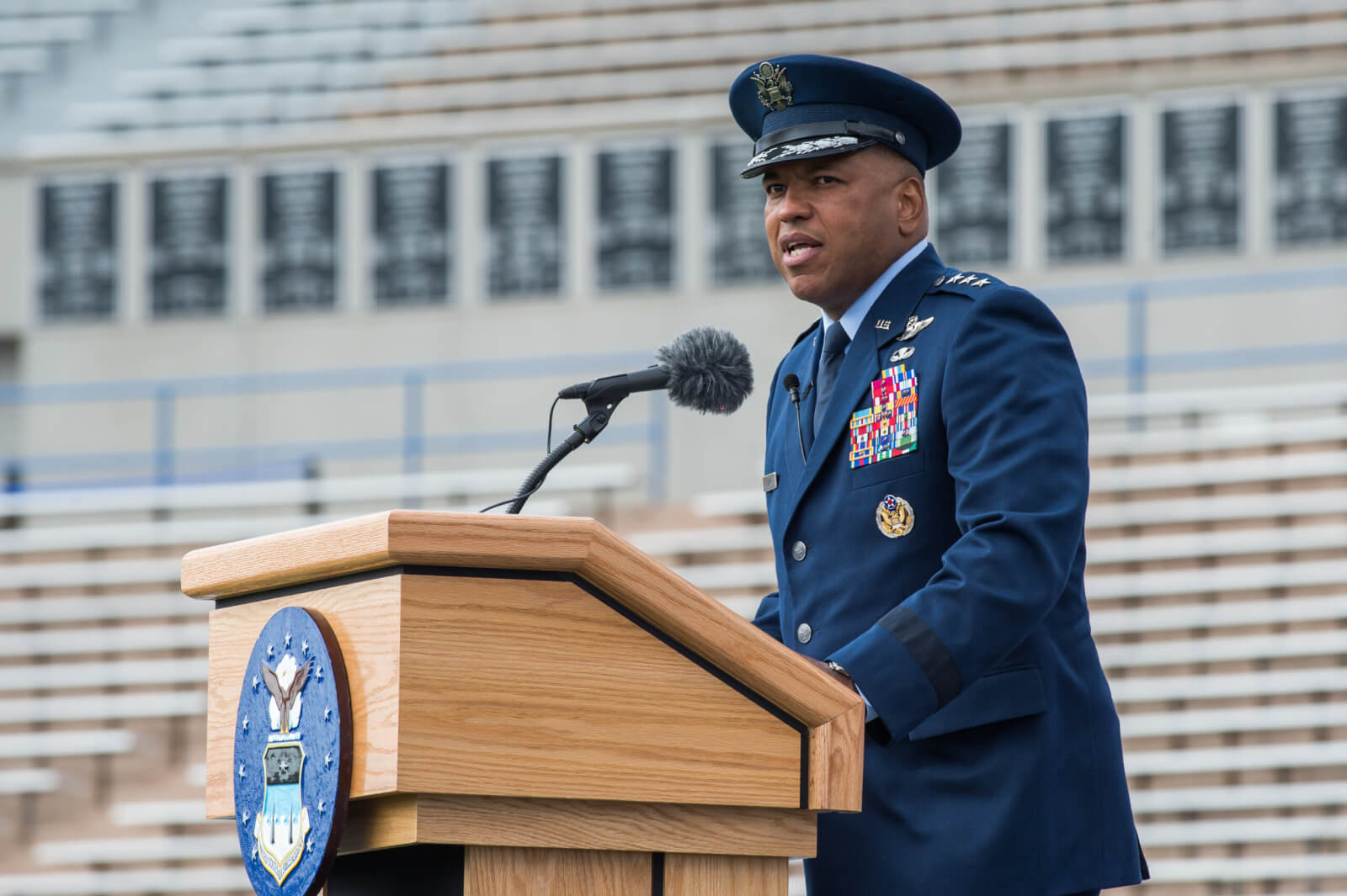 superintendent Lt Gen Clark at podium