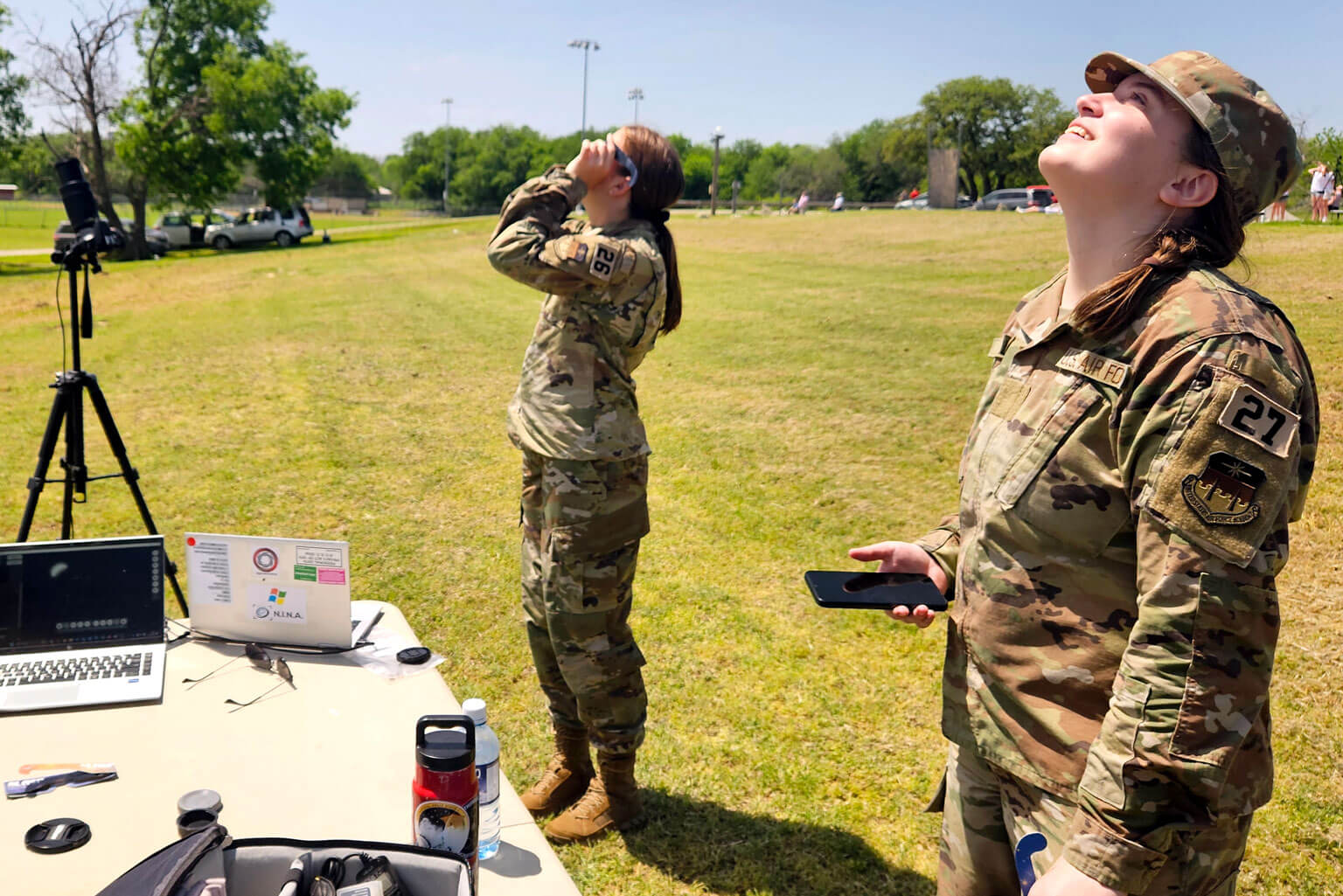 U.S. Air Force Academy Physics and Astronomy Club members prepare to view the total solar eclipse in Texas.