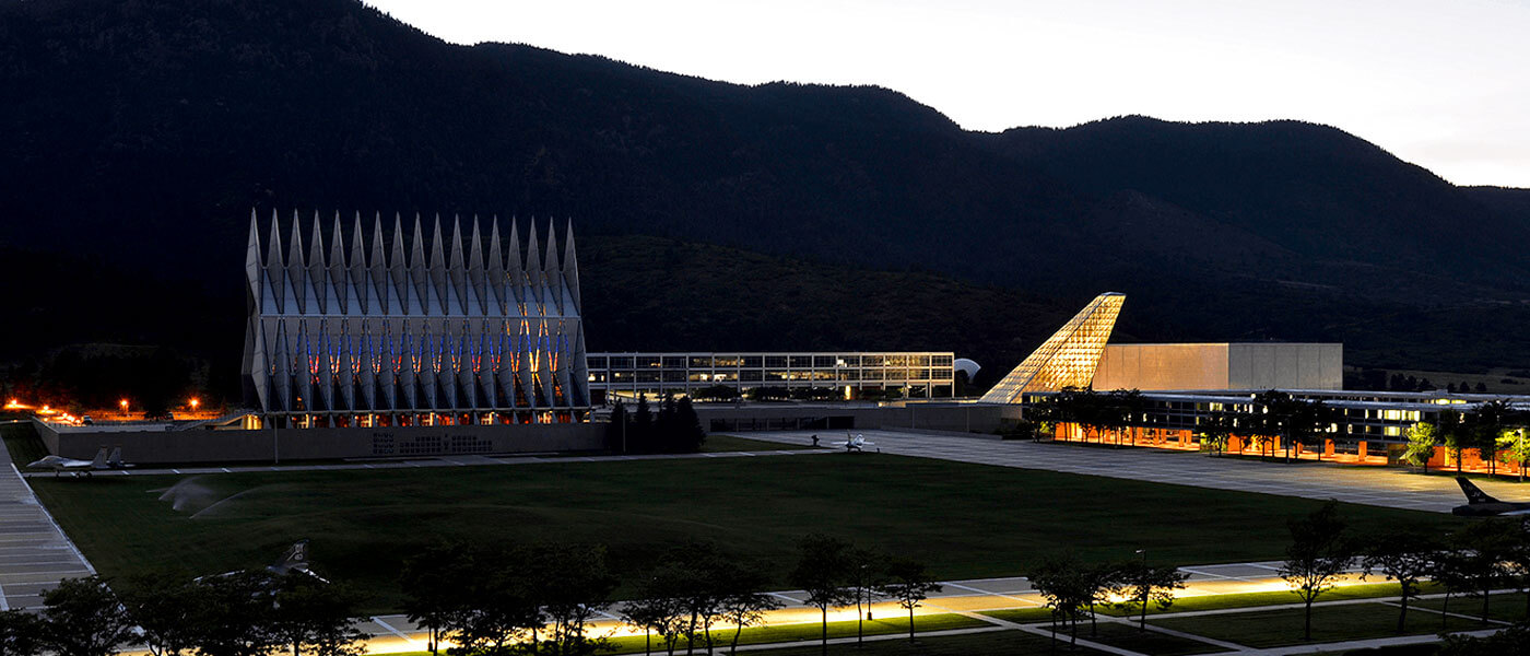 CCLD Polaris Hall and Chapel at night.