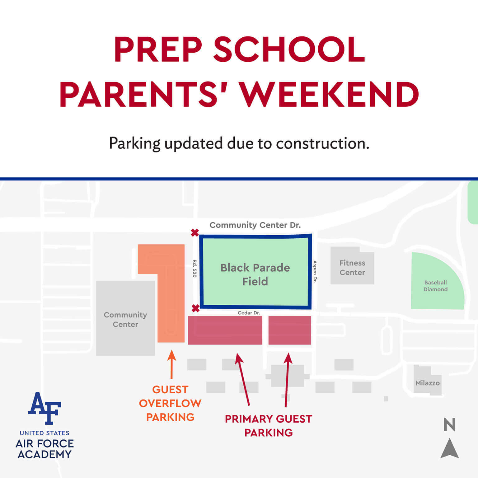 Map illustrating parking areas available for the Prep School Parents' Weekend.
