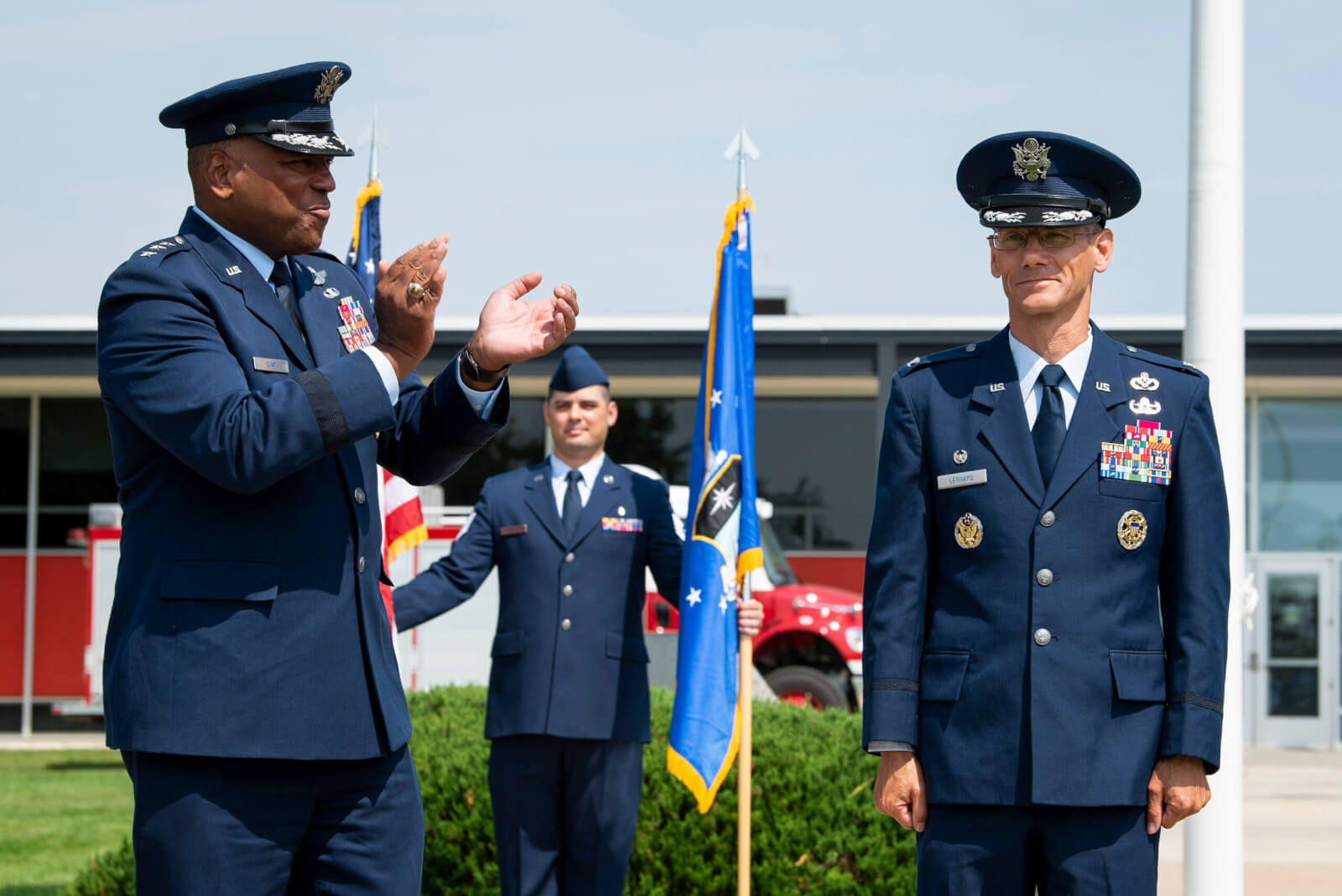Lieutenant Gen. Richard Clark, superintendent of the Air Force Academy (left), and Col. Christopher Leonard, commander of the 10th Air Base Wing, June 18, 2021