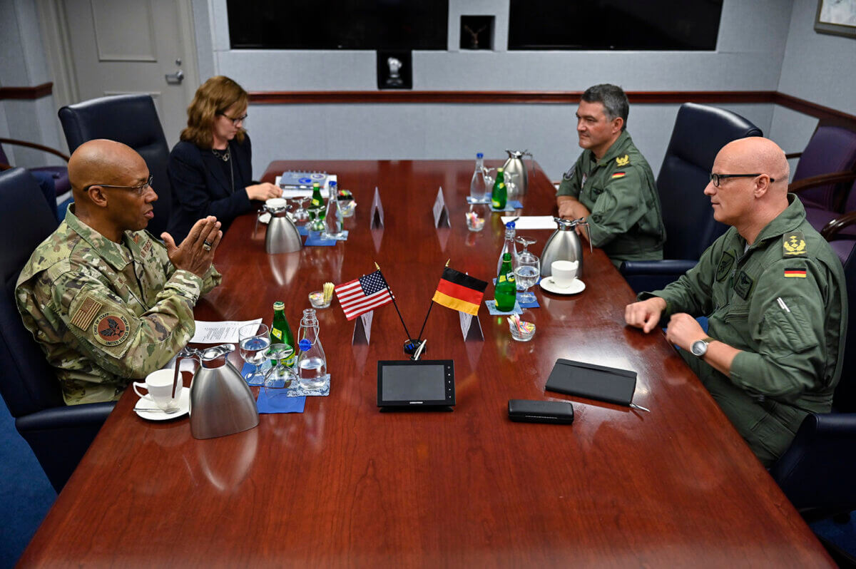 Air Force Chief of Staff Gen. CQ Brown, Jr., left, speaks with Lt. Gen. Ingo Gerhartz, inspector of the German air force, during a meeting at the Pentagon