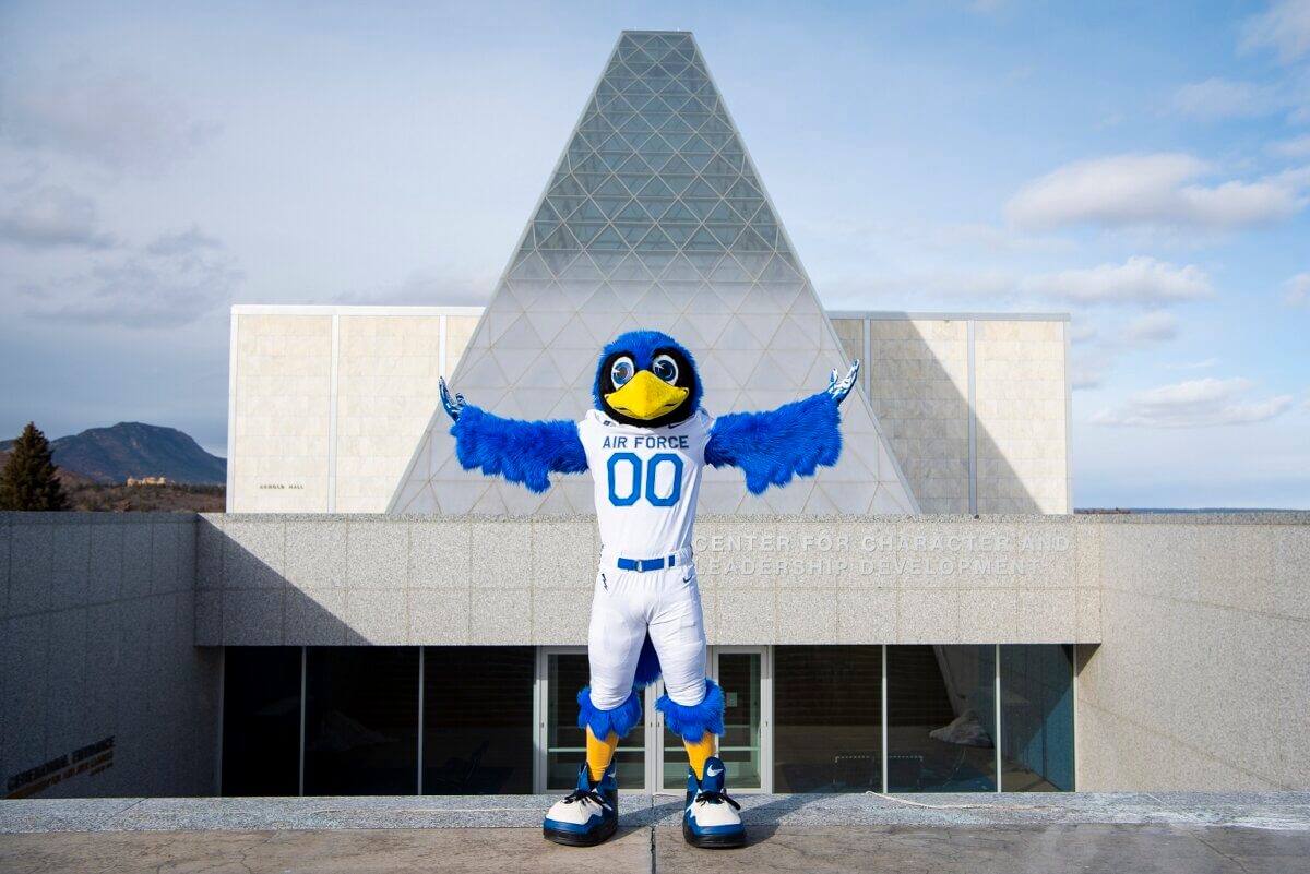 USAFA mascot in front of Polaris Hall