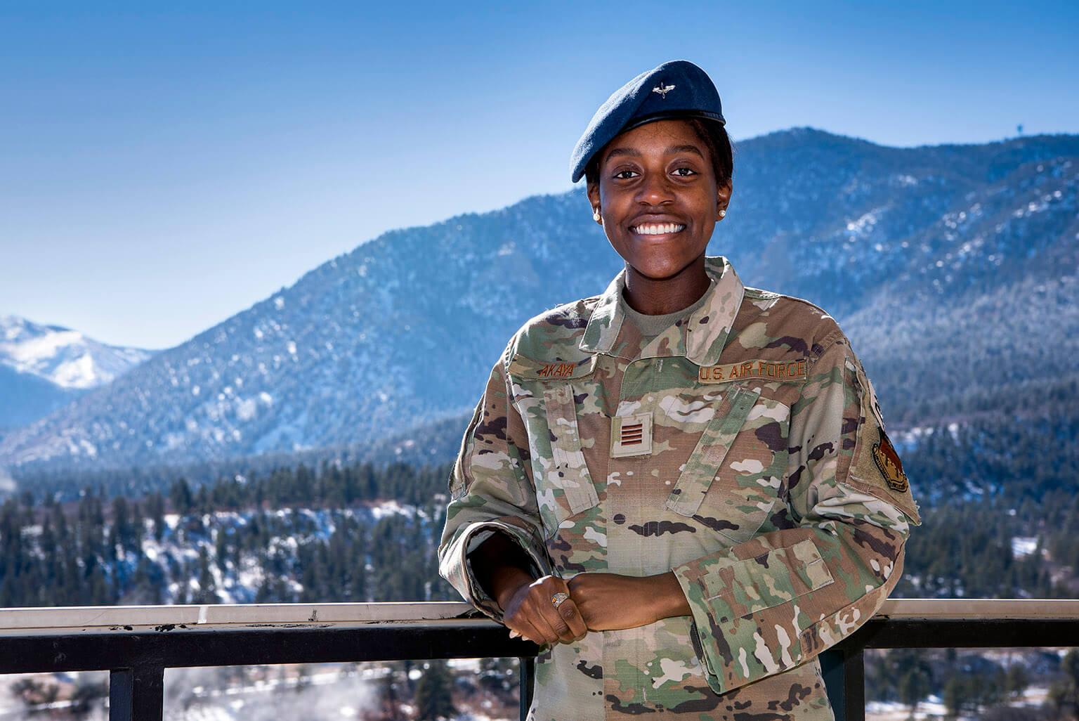 Cadet 1st Class Sirri Akaya poses outside Fairchild Hall. She won the Black Engineer of the Year Award