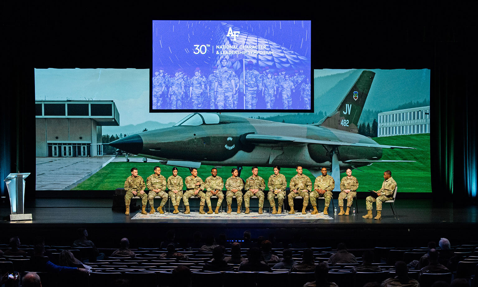 U.S. Air Force Senior Master Sergeant Patrick Hunt moderates the 12 Outstanding Airmen of the Year for 2022 panel at the National Character and Leadership Symposium