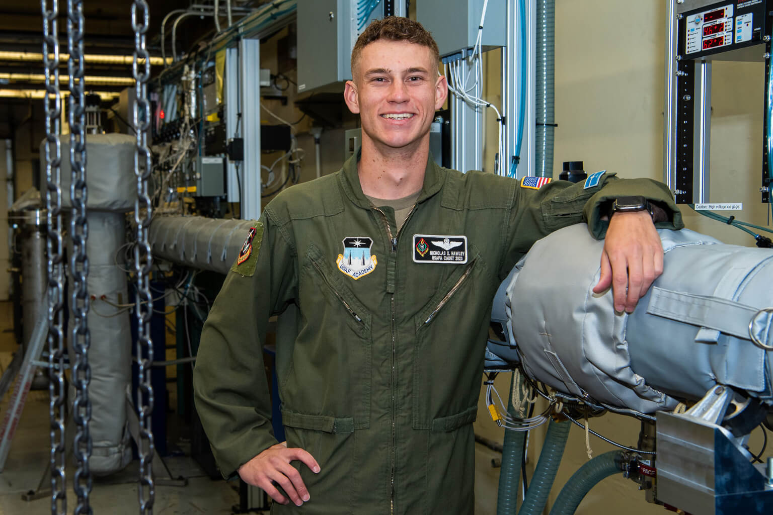 2nd Lt. Nicholas X. Hawley stands in front of the Academy’s combustion shock tube.