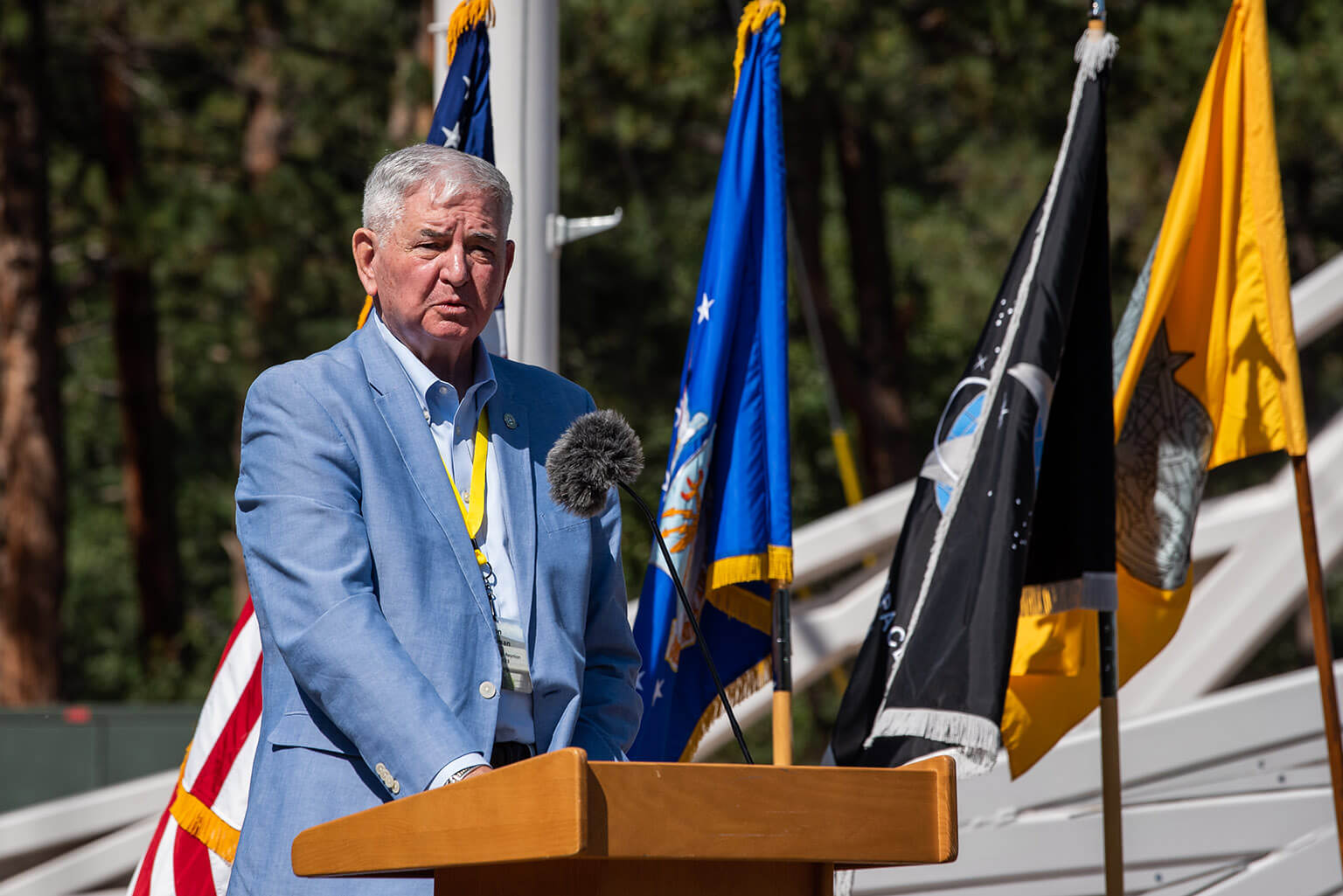 Retired Gen. Ronald Fogleman speaks at the dedication of the Leader Challenge Tower