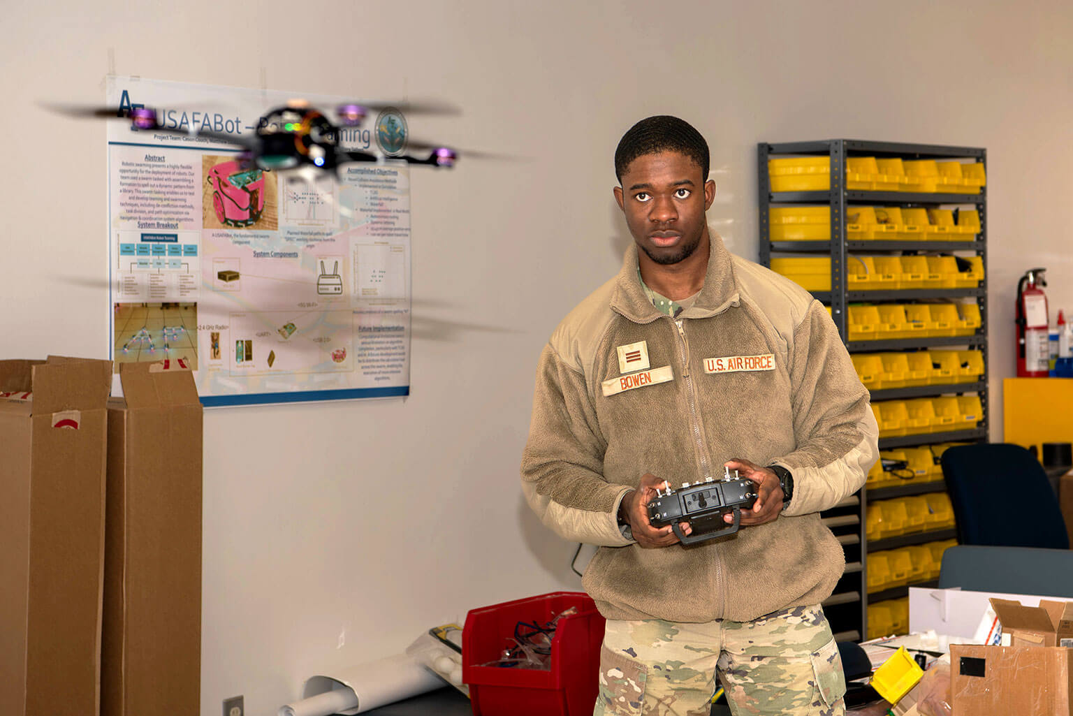 Cadet 1st Class Jabari Bowen test-flies a drone in the Department of Electrical and Computer Engineering.