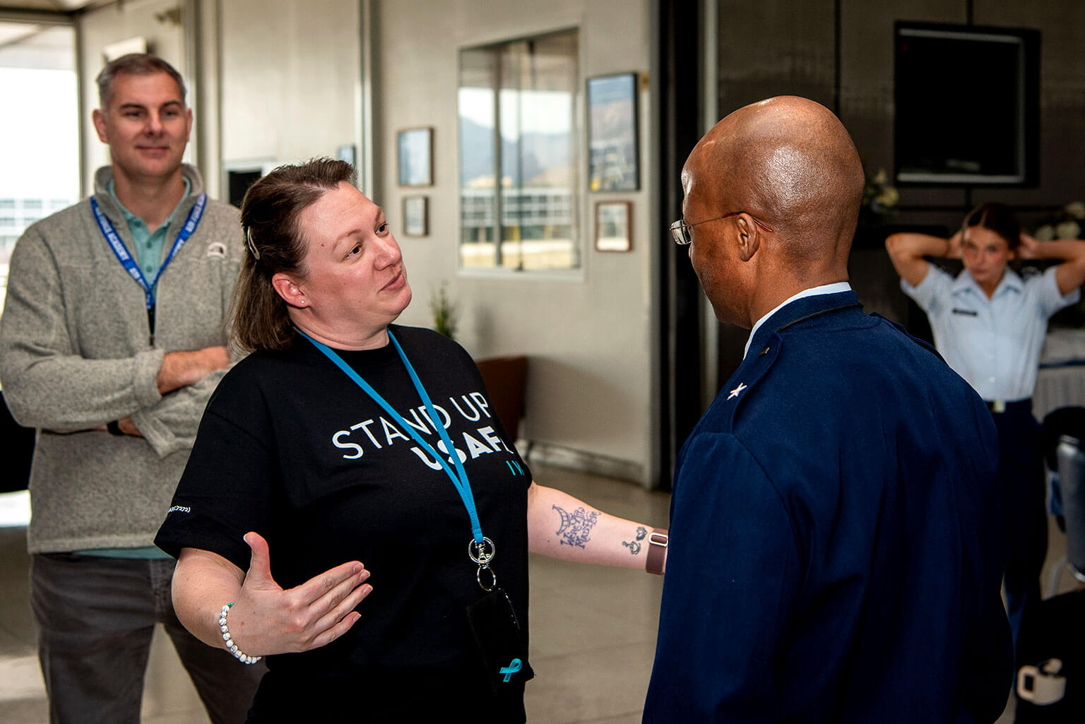 Commandant of Cadets Brig. Gen. Gavin Marks talks to Summer Poole and Christopher Michaels, Sexual Assault Prevention and Response victims advocate.