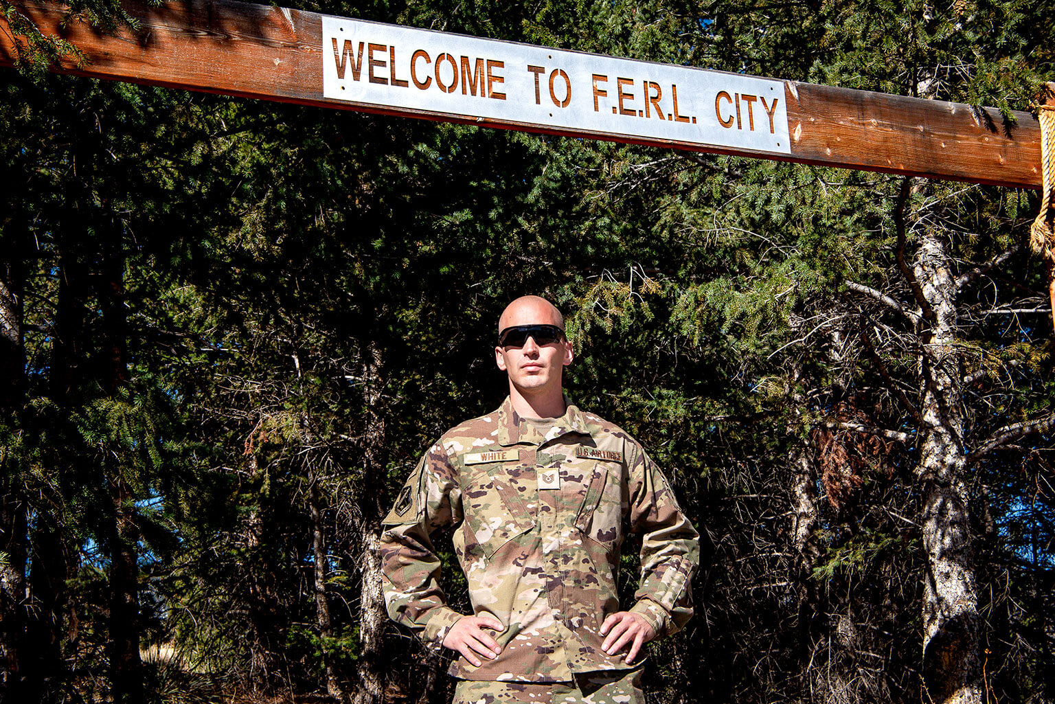 Tech. Sgt. Jeremiah White, the Field Engineering and Research Laboratory superintendent, stands in front of the FERL entrance in Jacks Valley.