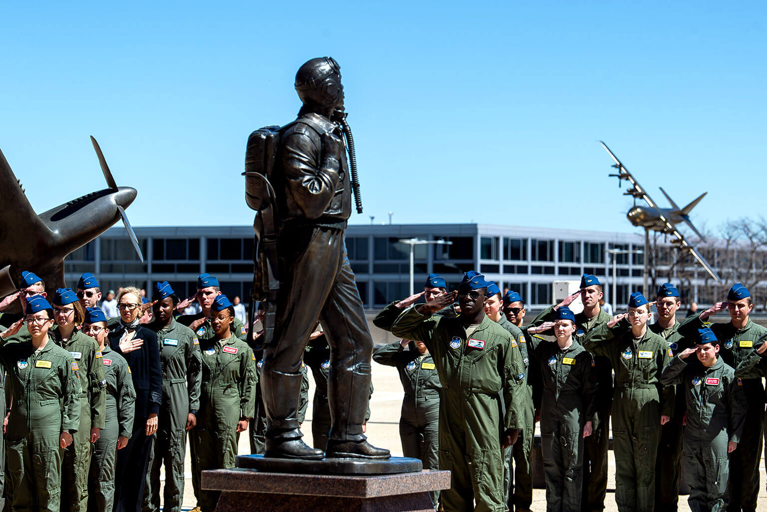 Cadets stand in formation during the Tuskegee Airman statue re-dedication and wreath-laying ceremony.