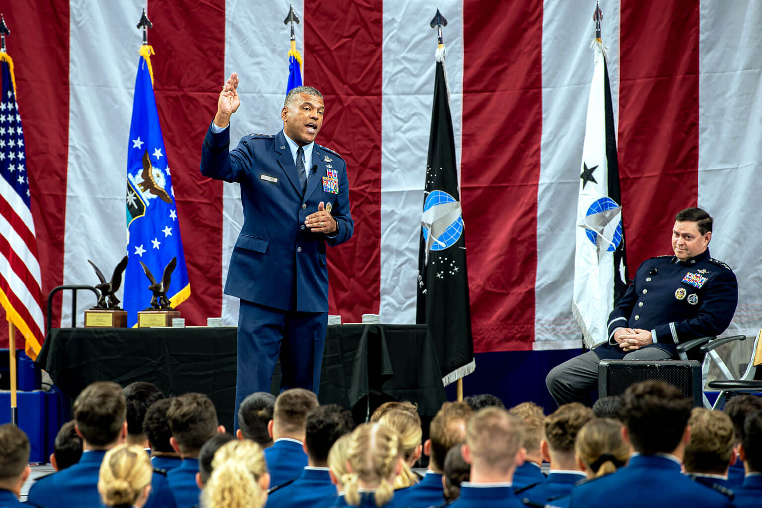 U.S. Air Force Academy Superintendent Lt . Gen. Richard M. Clark speaks to U.S. Air Force Academy cadets commissioning into the Space Force during a ceremony.