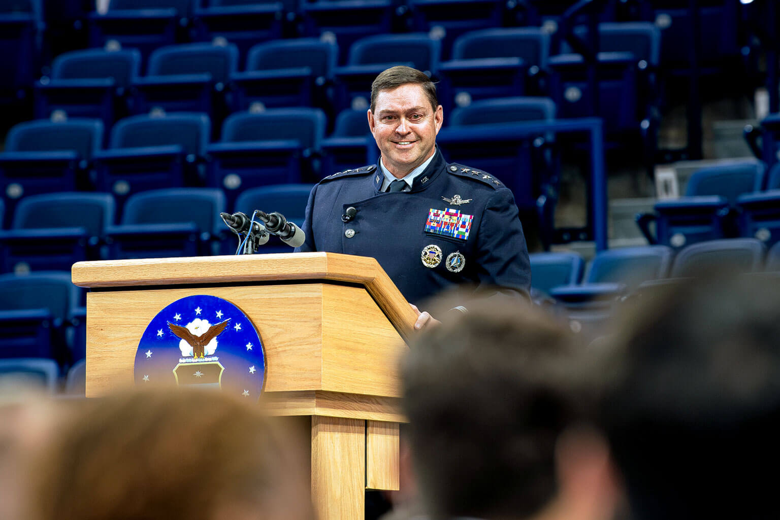 U.S. Space Force Chief of Space Operations Gen. Chance Saltzman speaks to U.S. Air Force Academy cadets commissioning into the Space Force during a ceremony.
