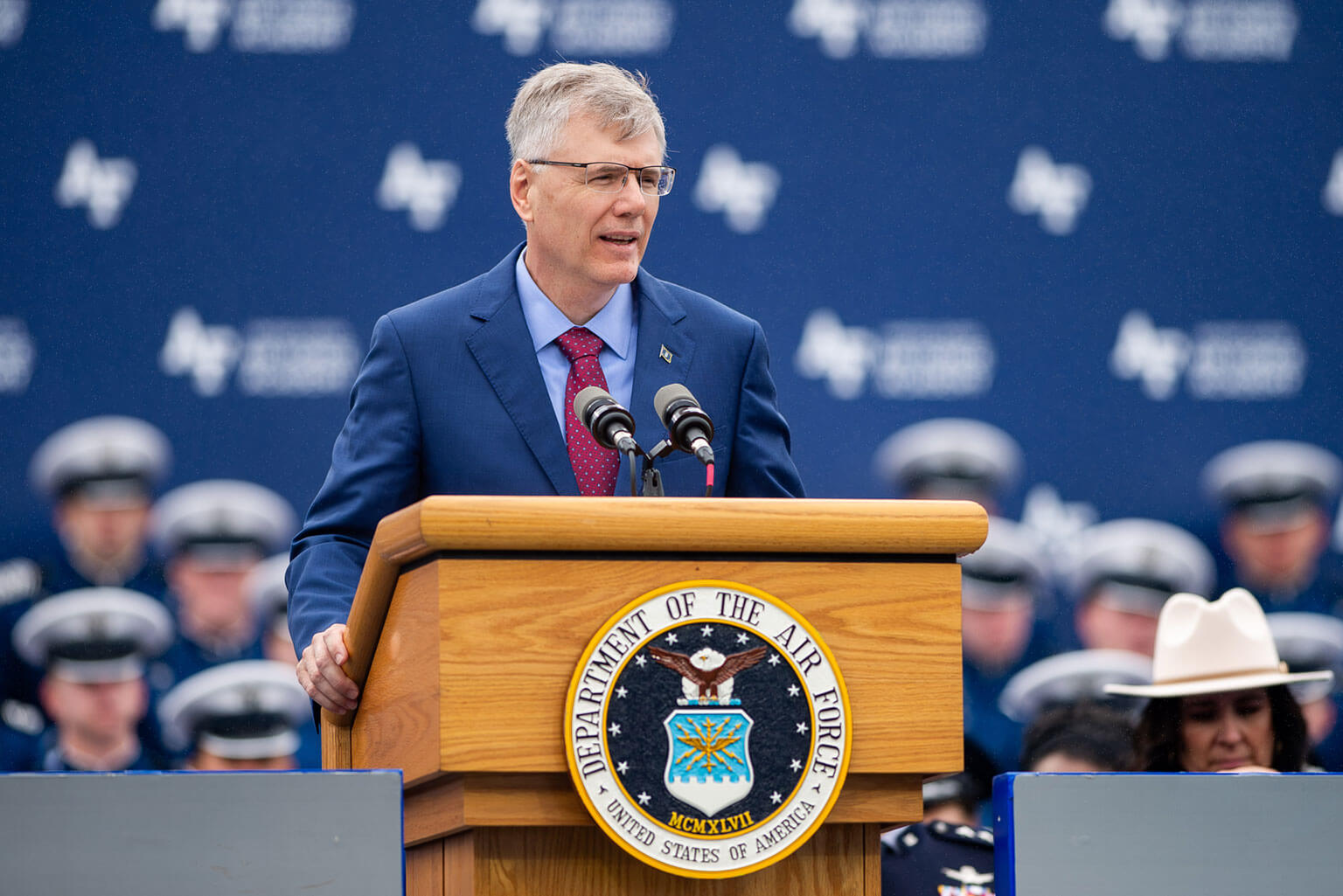 Secretary of the Air Force Troy Meink speaks to graduates and audience members during the U.S. Air Force Academy’s 2025 graduation ceremony held at Falcon Stadium in Colorado Springs.