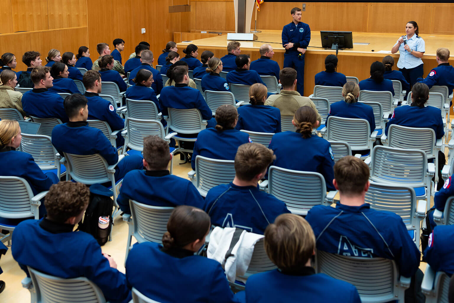 Cadet 1st Class Robert (Jake) Miller, commander, Cadet Wing and Maj. Tara Holmes, cadet development chief for the Center for Character and Leadership Development, facilitate a discussion about lessons learned during the Cadet Leadership Enrichment Seminar at the U.S. Air Force Academy.