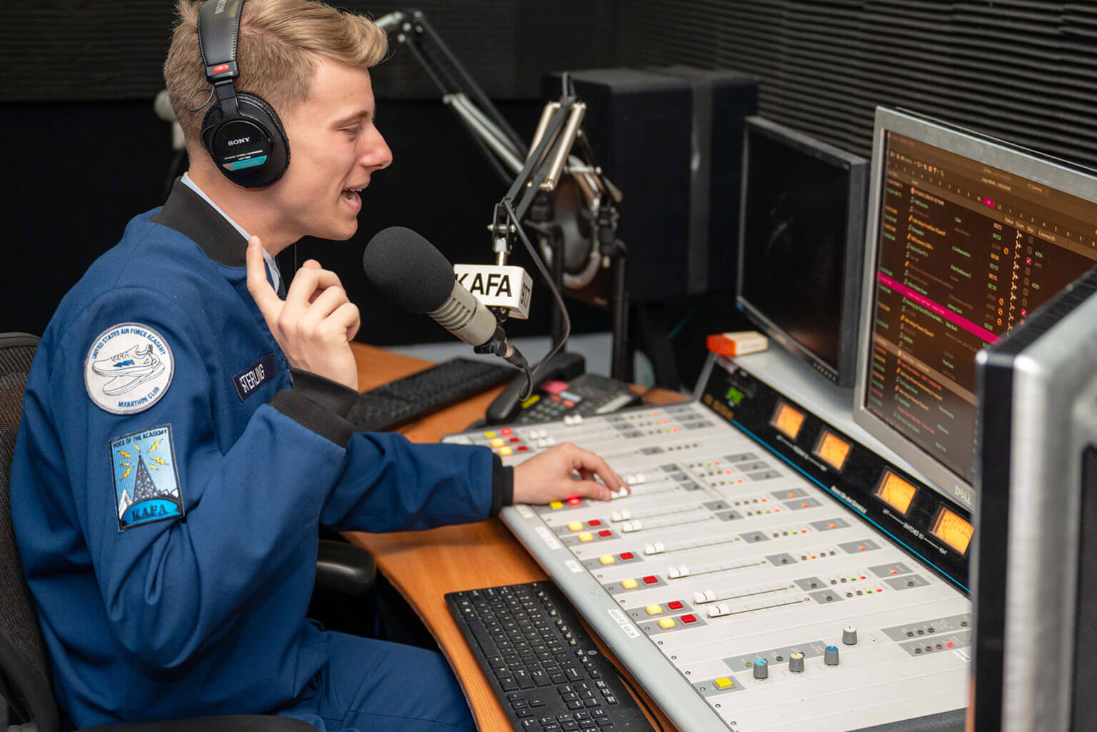 Cadet 3rd Class Jude Sterling, KAFA disc jockey, records a radio show at Fairchild Hall, U.S. Air Force Academy, Colo., Jan. 20, 2026. Cadet DJs cover topics such as institutional events, parades, athletics and outstanding performers. (U.S. Air Force photo by Tech. Sgt. Zach Vaughn)