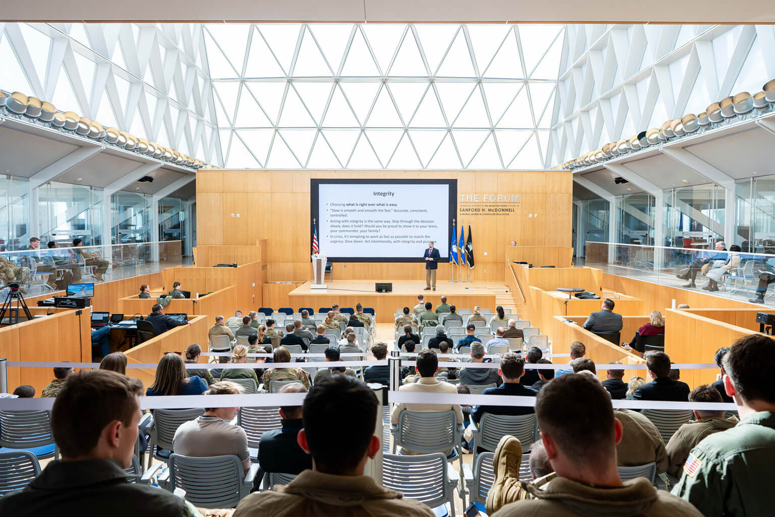 Lt. Col. (Ret.) Dr. Monte Anderson, Class of 1992, leads the workshop “Leveraging the Martial Way: Forging ‘Whole’ Warriors to Lead in Future Conflicts” in the Polaris Forum at the U.S. Air Force Academy, Colo., Feb. 20, 2026. The session reinforced the National Character and Leadership Symposium theme, “Courage to Lead in the Profession of Arms: Combat & Crisis-Tested Character,” examining martial arts as disciplines that build judgment, emotional regulation, adaptability and confidence under pressure. (U.S. Air Force photo by Dylan Smith)
