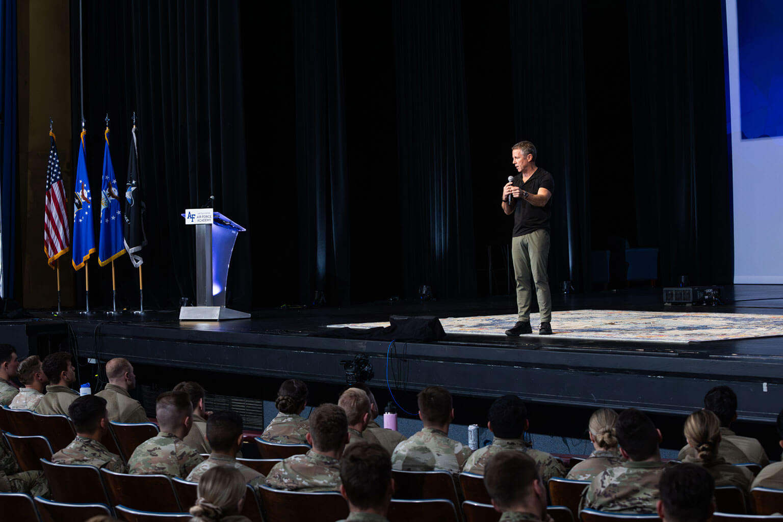 Gen. (Ret.) Austin Scott Miller delivers a keynote address in Arnold Hall during the National Character and Leadership Symposium at the U.S. Air Force Academy, Colo., Feb. 21, 2026. His presentation reinforced the symposium theme, “Courage to Lead in the Profession of Arms: Combat & Crisis-Tested Character,” drawing on decades of experience in special operations and command to highlight leadership under pressure. (U.S. Air Force photo by Trevor Cokley)