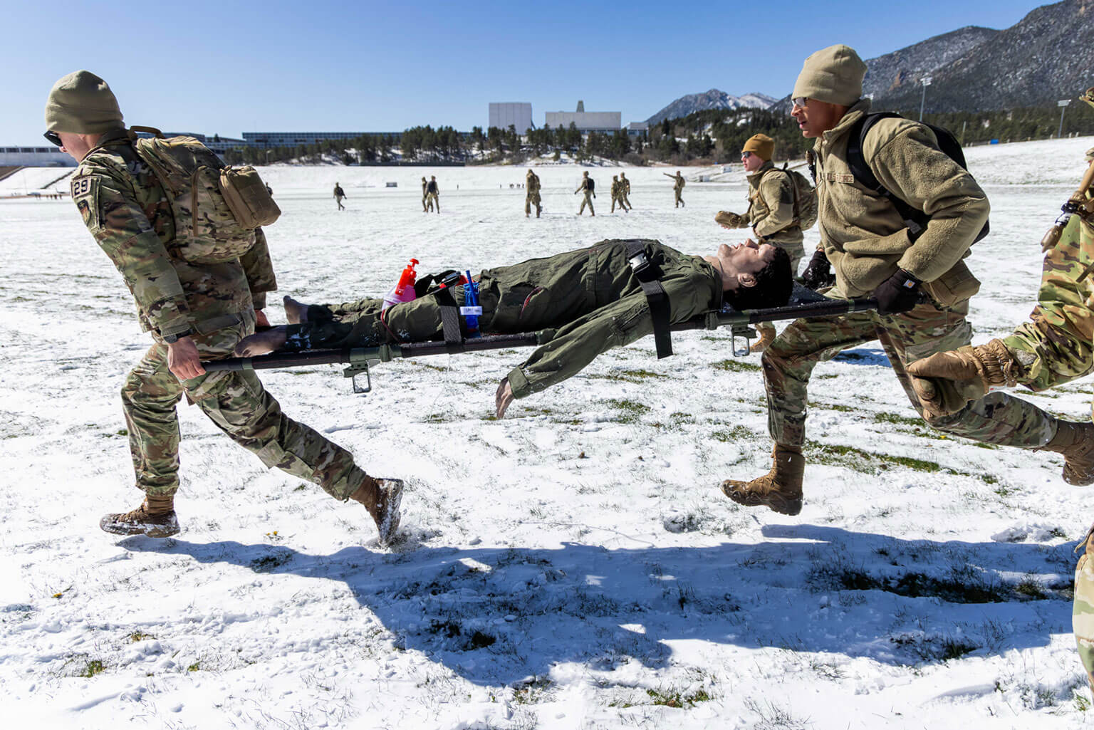 Cadets transport a manikin patient after assessing and treating its injuries during the Superintendent’s Challenge as part of the Spring Culminating Exercise (CULEX) at the U.S. Air Force Academy, Colo., April 18, 2026. Nearly 3,000 cadets participated in the CULEX, a rigorous and realistic military training exercise, to develop into combat-ready, future Air Force and Space Force leaders. (U.S. Air Force photo by Trevor Cokley)
