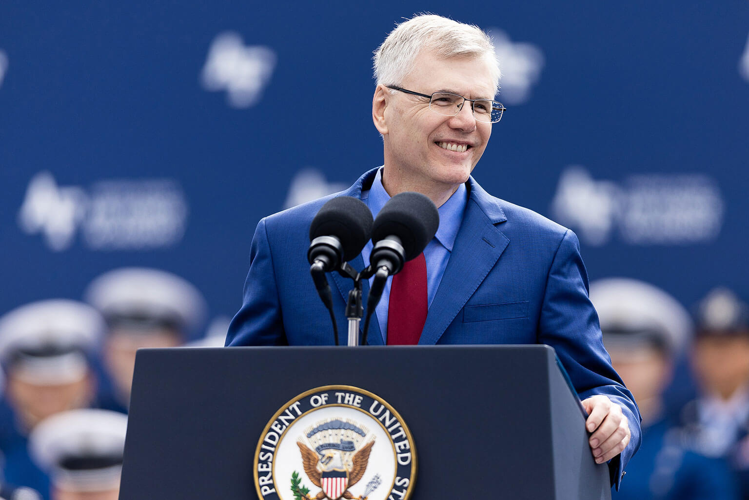 Secretary of the Air Force Troy Meink provides remarks during the U.S. Air Force Academy’s 2026 graduation ceremony held at Falcon Stadium on the Academy, Colo., May 28, 2026. As the Department of the Air Force modernizes to meet emerging threats, Meink relies on these newest lieutenants to bring the warrior ethos and innovative mindset necessary to outpace adversaries and defend the homeland. (U.S. Air Force photo by Ray Bahner)