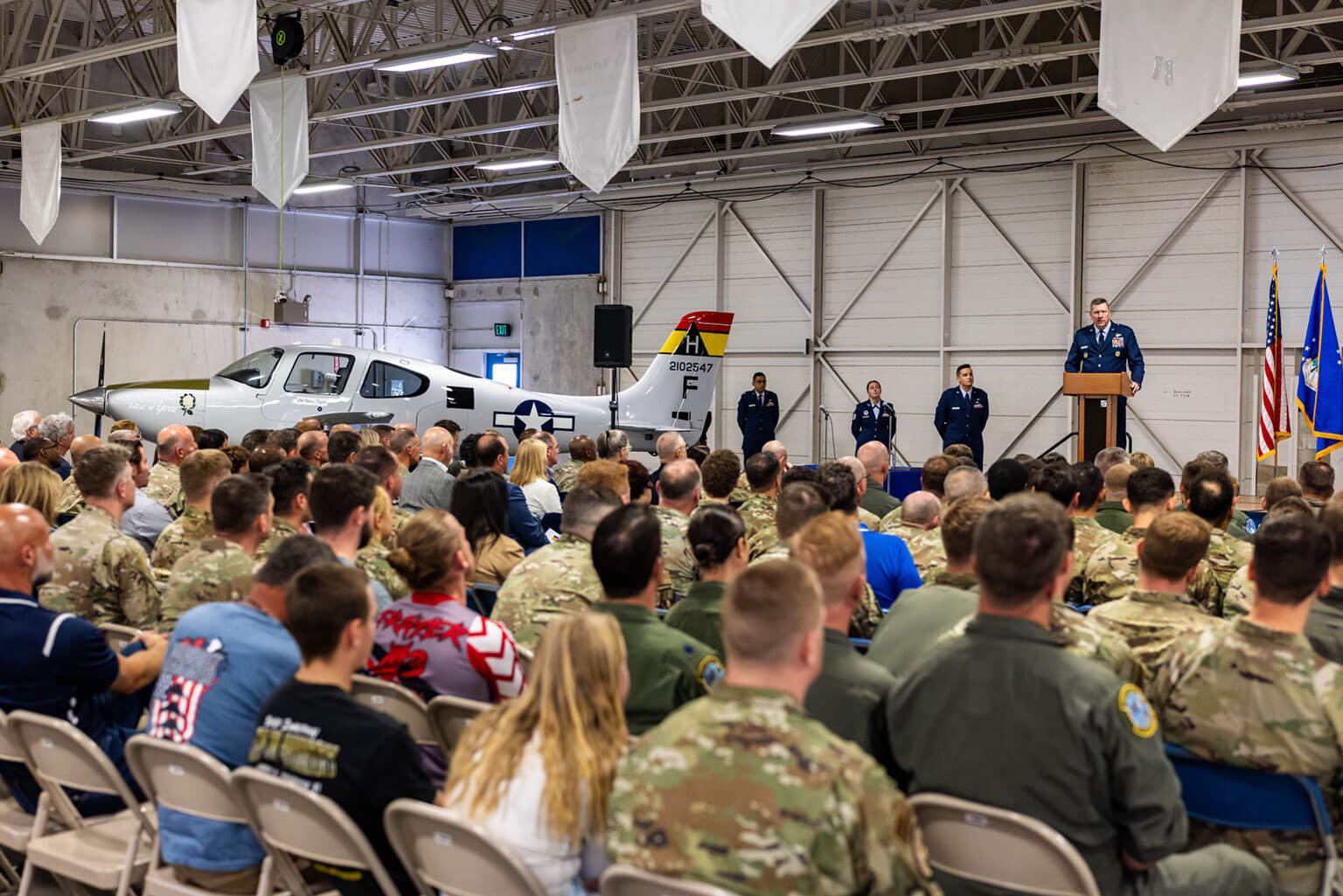 U.S. Air Force Academy Superintendent Lt. Gen. Tony Bauernfeind addresses attendees during the 306th Flying Training Group change of command ceremony at Davis Airfield, U.S. Air Force Academy, Colo., June 3, 2026. The ceremony marked the formal transfer of leadership as Col. Paul J. Brehm assumed command of the group from Col. Nancy E. Taylor. (U.S. Air Force photo by Jonathan Suni)