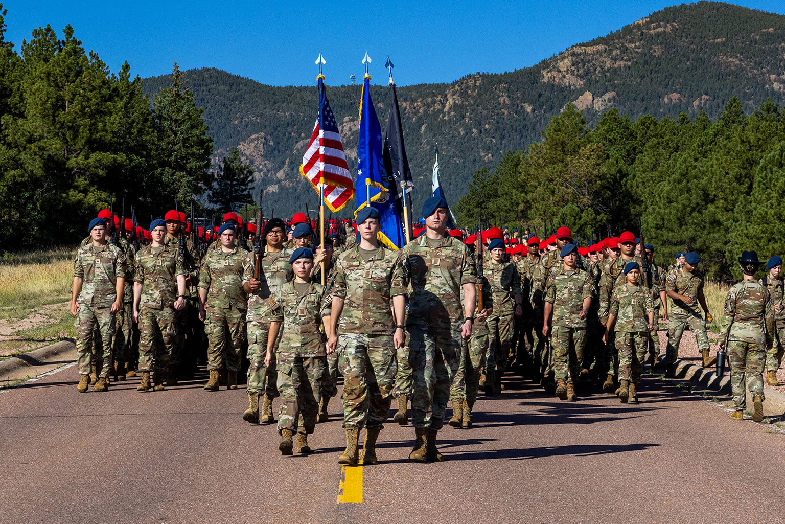 Basic cadets march out to Jacks Valley during Basic Cadet Training at the U.S. Air Force Academy, Colo., July 12, 2026. The Basic Cadet Training program enters its second phase at Jacks Valley, where basic cadets complete field exercises, land navigation and weapons training. (U.S. Air Force photo by Jonathan Suni)