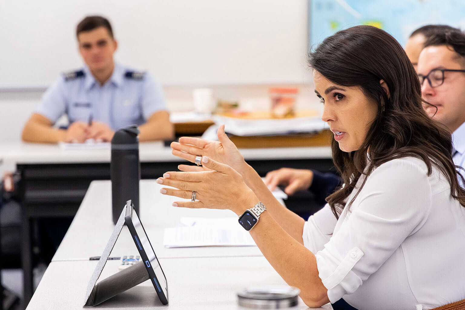 Dr. Kerry Chavez leads a discussion during a Future Conflict Minor class at the U.S. Air Force Academy, Colo., Sept. 14, 2026. Chavez teaches cadets to think critically about future conflict and develop the skills needed to operate in uncertain environments. (U.S. Air Force photo by Trevor Cokley)