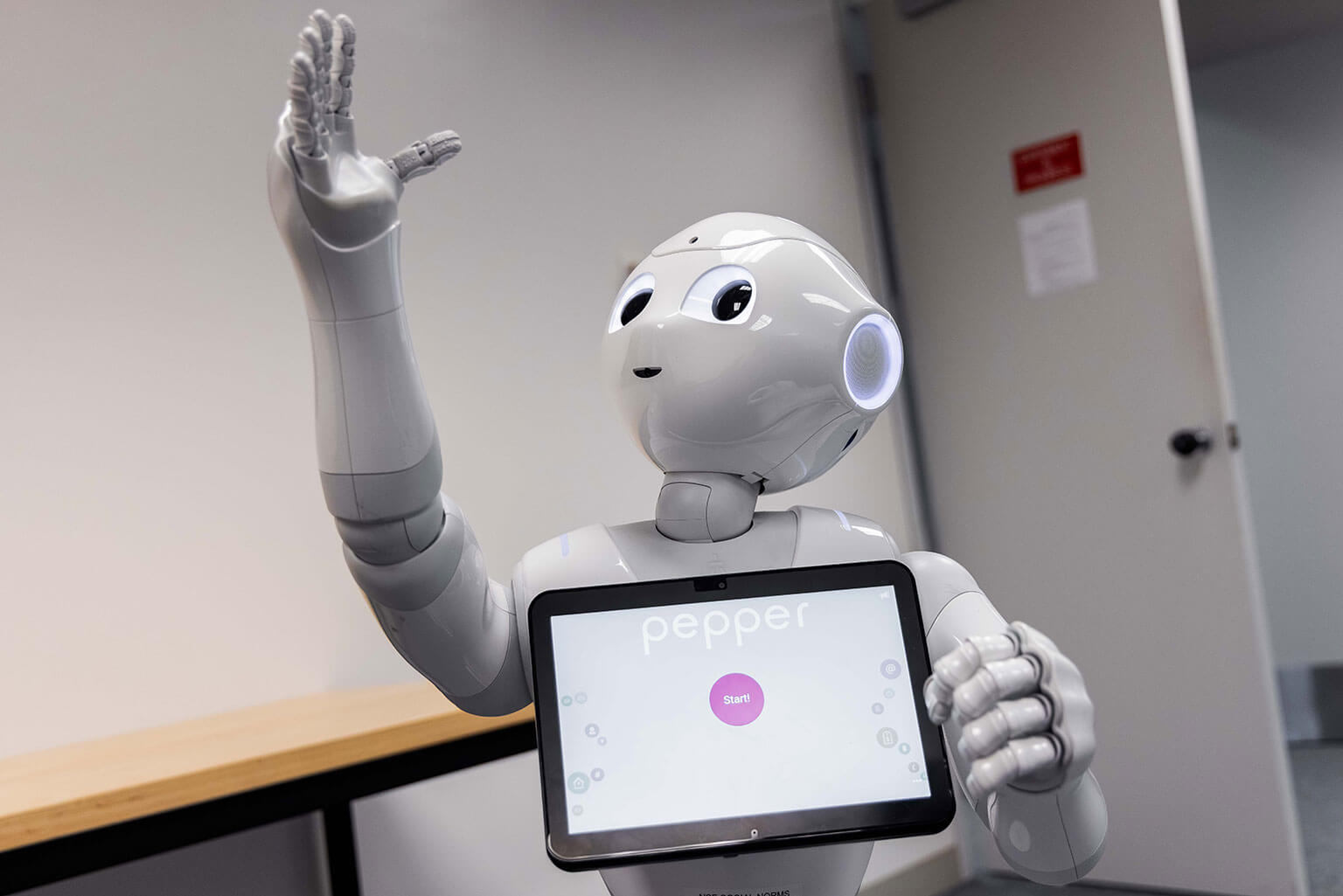 Pepper, a humanoid robot, stands at the Warfighter Effectiveness Research Center at the U.S. Air Force Academy, Colo., Oct. 14, 2026. Researchers use the robot to study human-machine teaming, including how people communicate and coordinate with autonomous systems. (U.S. Air Force photo by Trevor Cokley)