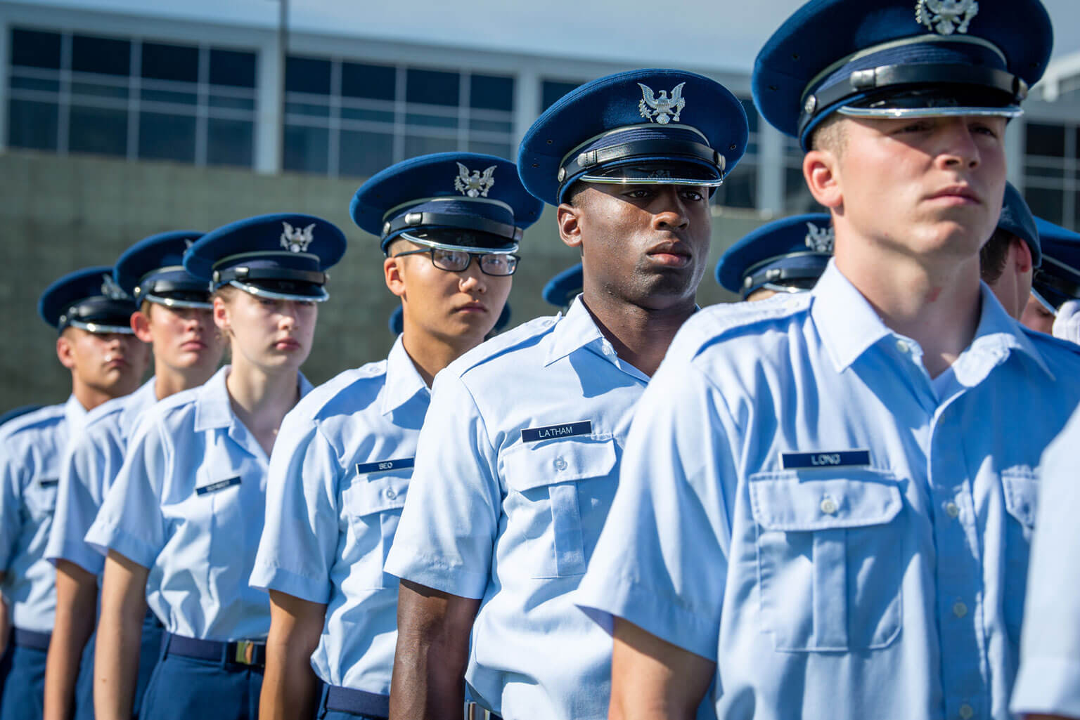 Cadets in formation on Stillman Field at the U.S. Air Force Academy. Cadets in formation on Stillman Field at the U.S. Air Force Academy.