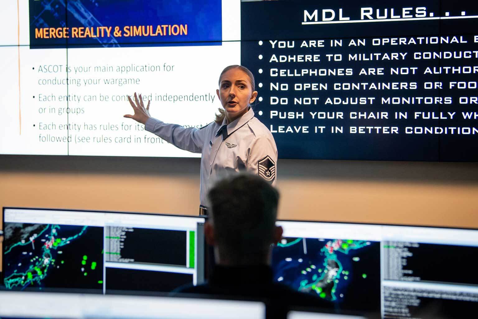 Master Sgt. Bonnie Rushing, a Department of Military and Strategic Studies professor, instructs cadets on multi-domain operations at the U.S. Air Force Academy, Colo.