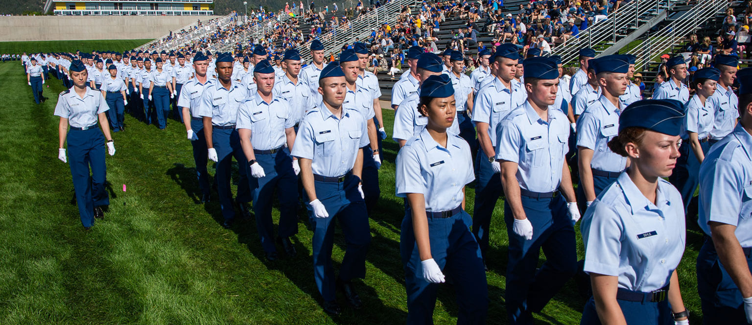 Basic cadets in formation on Stillman Field during their Acceptance Day Parade.